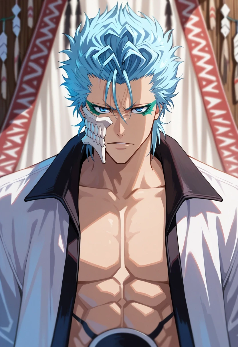 masterpiece, best quality, intricate details, , looking at viewer, depth of field, 1boy, solo, male focus, <lora:grimmjow_jaegerjaquez_ilxl:0.94>, grimmjow_jaegerjaquez, blue hair, blue eyes, facial mark, arrancar, mask, short hair, , native american costume