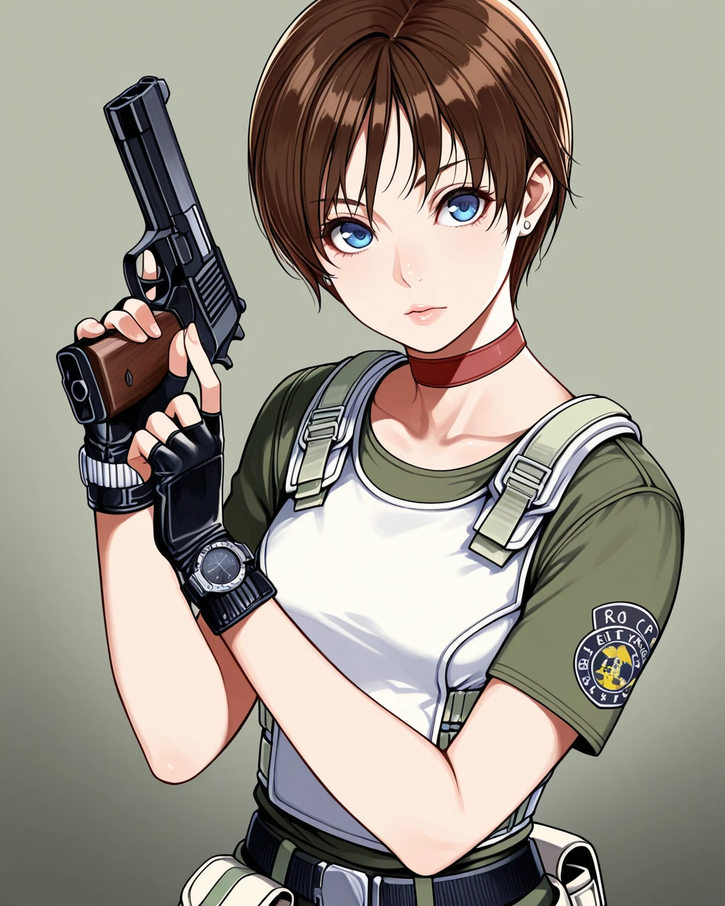 masterpiece, best quality, high quality,  1girl, solo,  <lora:10_becky_7_il:1>, reb_1stars, blue eyes, brunette hair, short hair, red choker, white tactical vest with straps, olive tshirt with patch, green pants with cuffs, black belt, green canvas belt, front pouch, back pouch, black fingerless gloves, upper body, lips, holding handgun, white earrings, watch