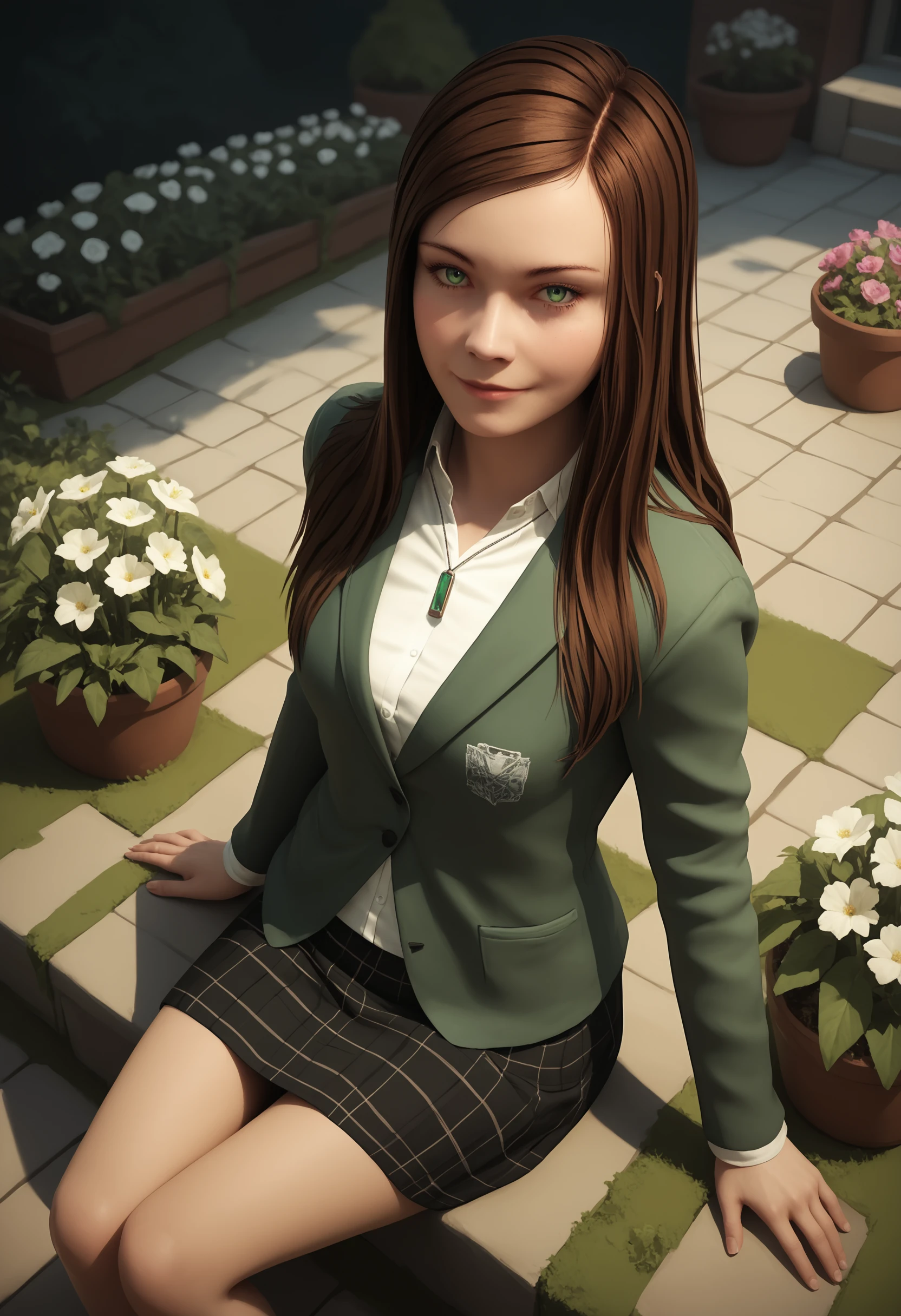 score_9, score_8_up, score_7_up, score_6_up, score_5_up, score_4_up,  <lora:VictoriaHitmanA:0.85> 1girl, solo, victoriaf, long hair, brown hair, green eyes, jacket, necklace, skirt, looking at viewer, smile, bedroom eyes, from above, sitting, 
outdoors, garden, flowers,