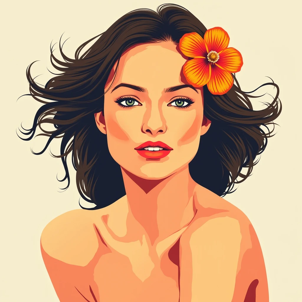 Use modern vector graphics flat design art with vibrant colors with a limited color pallete and simple shapes to create an illustration of a woman wearing flowers in her hair looking at the viewer, <lora:Olivia_Wilde_FLUX_v1_merger_25_55_04_06:1.1>