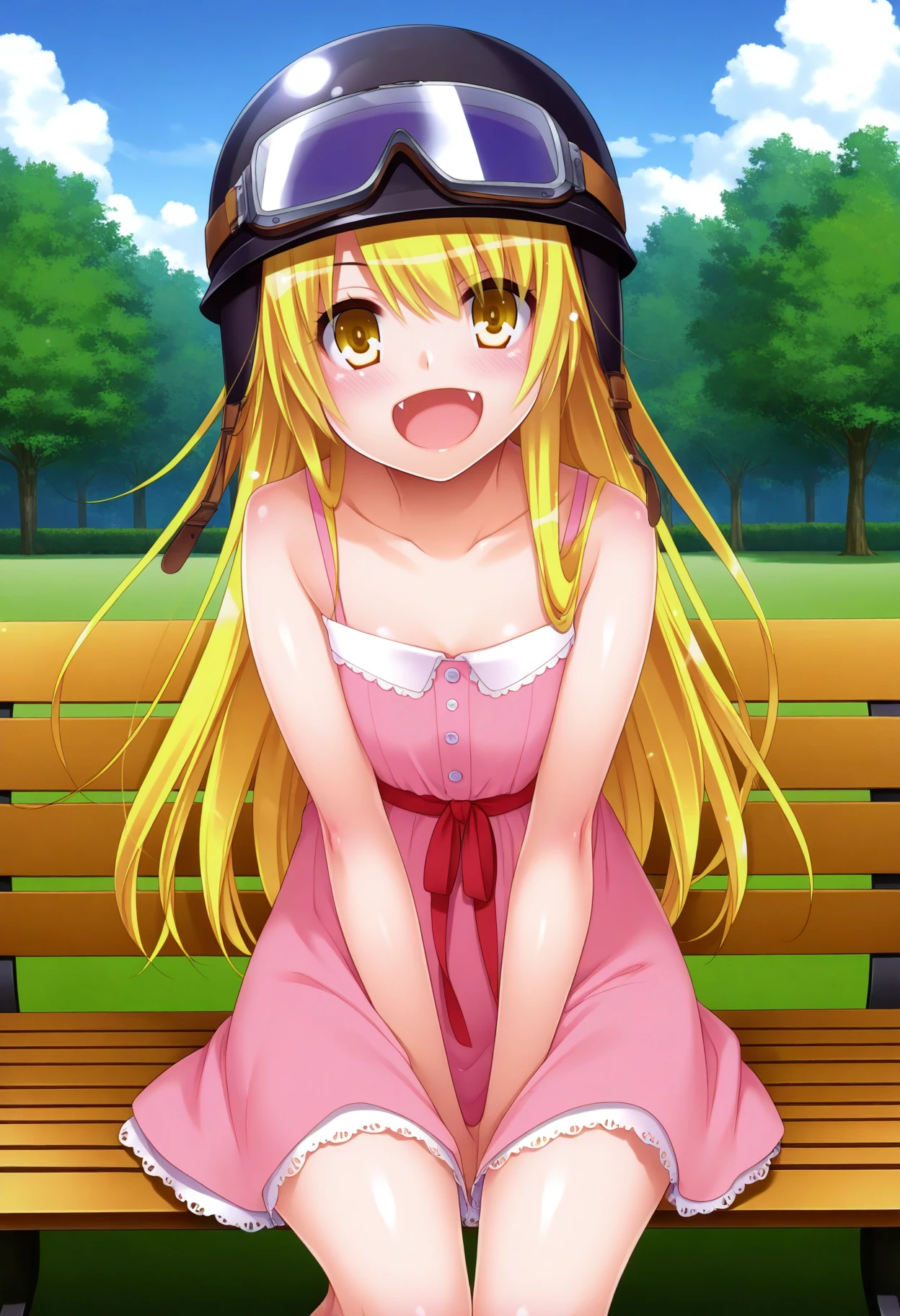 1girl, solo, looking at viewer, park bench, outdoors, sitting, smile, cowboy shot, open mouth, long blonde hair, pink dress, bare shoulders, yellow eyes, fang, black helmet, goggles on helmet,
BREAK outdoors, park bench, sky, day, cloud,  <lora:shinobu_nakazima_yuka_IL:1>shinobu_nakazima_yuka