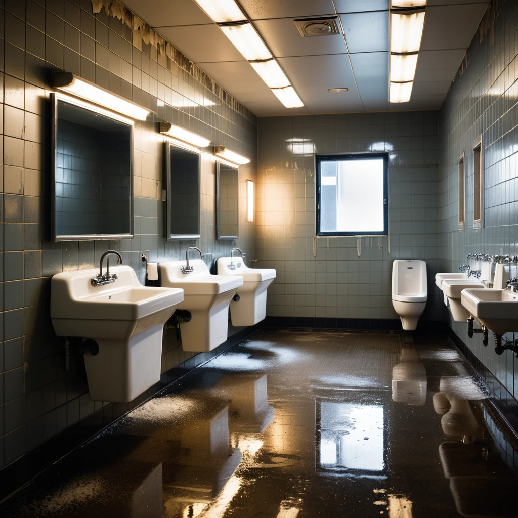 The interior of a public restroom with a utilitarian and slightly neglected design. The walls are covered in plain, slightly stained white tiles, some of which are cracked or chipped. The floor consists of large, dull gray tiles with faint scuff marks and small puddles of water near the sinks. On one side of the room, a row of metal bathroom stalls with scratched doors and faded paint lines the wall. On the opposite wall, a series of wall-mounted urinals made of white ceramic are spaced evenly, each with a metallic flush handle above. Some urinals have faint stains and water streaks, with one having a small puddle beneath it. A row of sinks with old, slightly rusted faucets sits beneath a large, streaked mirror that has smudges and water spots. Above, fluorescent tube lights buzz faintly, casting a cold, sterile glow over the space. A faint smell of cleaning chemicals lingers in the air, mixed with the dampness of the room. A hand dryer is mounted on the wall near the entrance, and a trash bin overflowing with crumpled paper towels stands nearby. The atmosphere feels functional but slightly neglected, emphasizing its everyday use.
<lora:SDXLFaeTastic2400:0.4> <lora:extremely_detailed:0.4> extremely detailed, Masterpiece,best quality,hi res,8k,hi res,8k,award winning,(sharp focus, intricate, highly detailed),