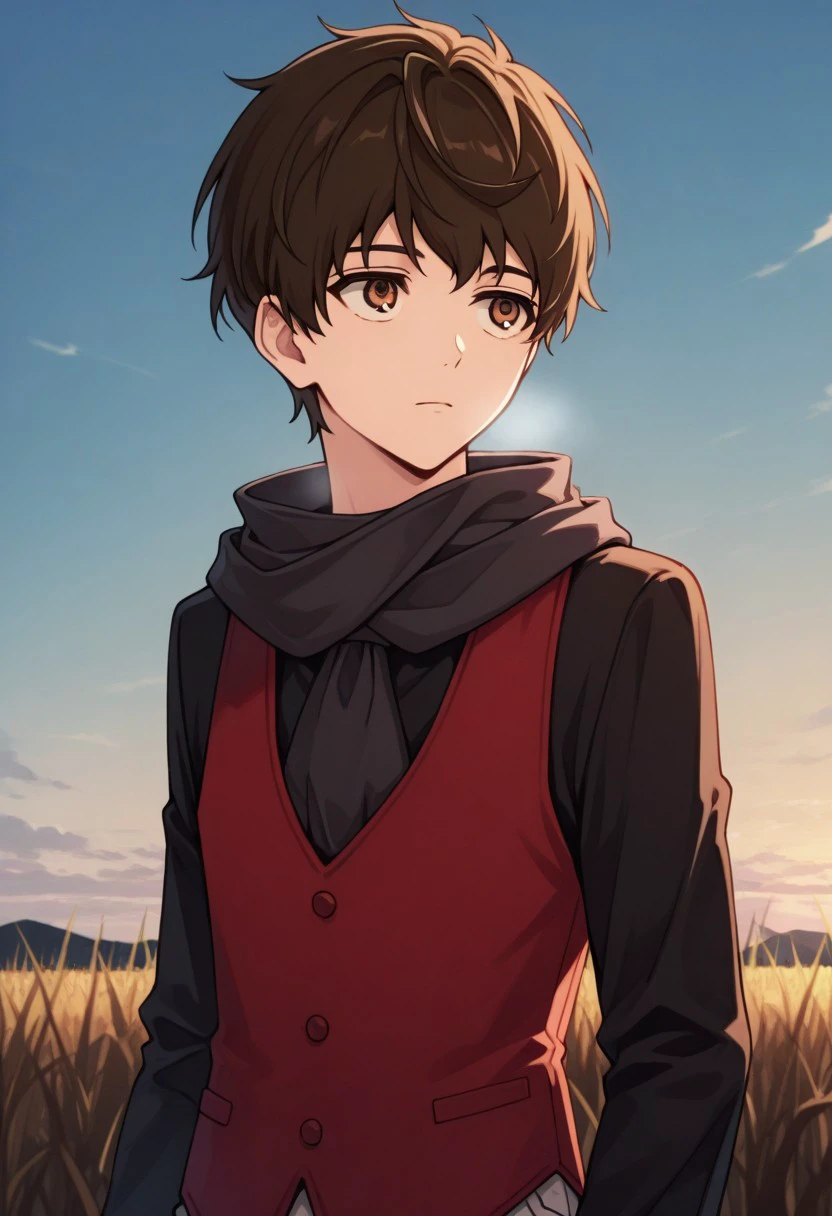 masterpiece, best quality, 
baamtg, 1boy, male focus, solo, brown eyes, brown hair, short hair, bangs, shirt, black shirt, long sleeves, scarf, black scarf, vest, red vest,
outdoor, sky,