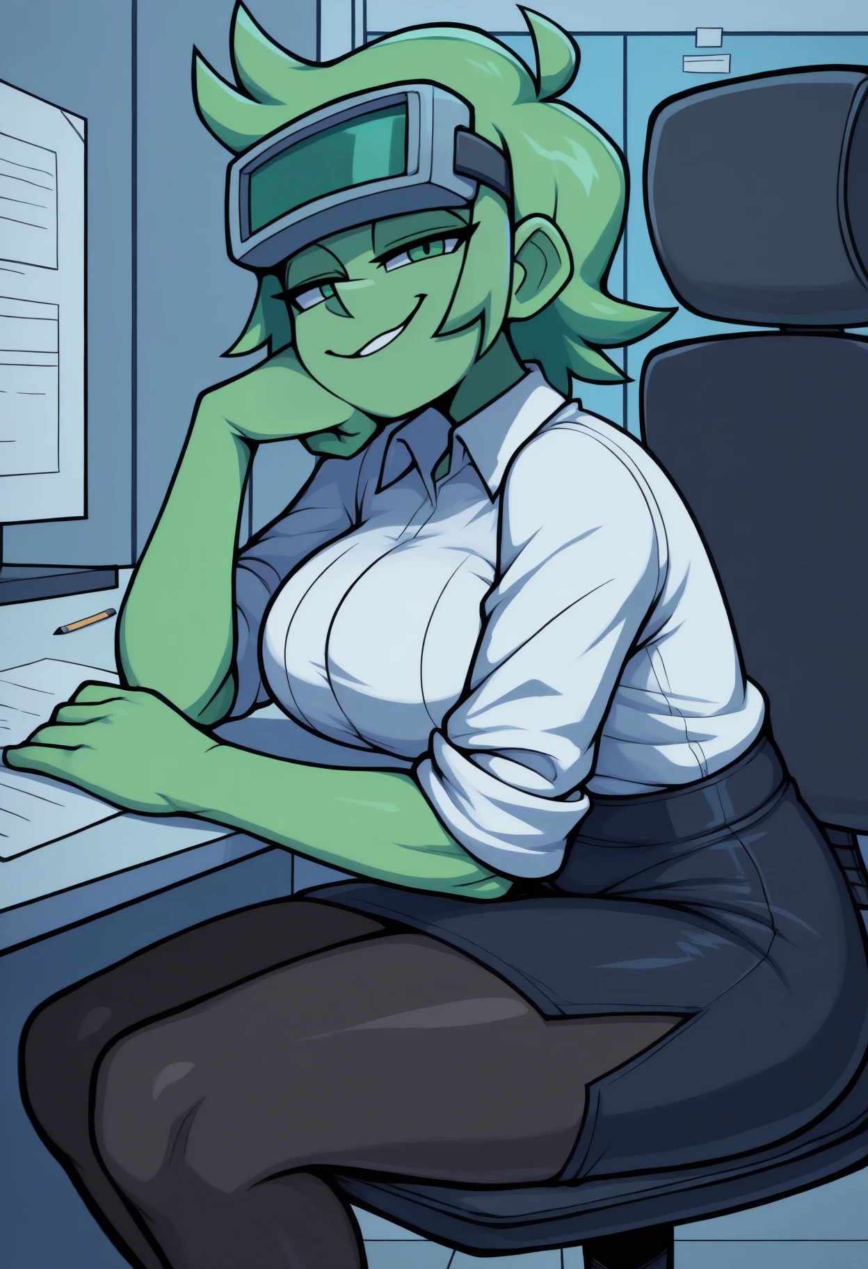 anime, masterpiece, best quality, feet out of frame, solo, 1girl, nknp, green skin, tall female, smile, looking at viewer, sitting, swivel chair, head rest, short hair, green hair, goggles on head, green eyes, half-closed eyes, white shirt, collared shirt, sleeves rolled up, black skirt, pencil skirt, black pantyhose, large breasts, indoors, office, cubicle, table
<segment:yolo-face_yolov8m.pt,0.4,0.5//cid=1>