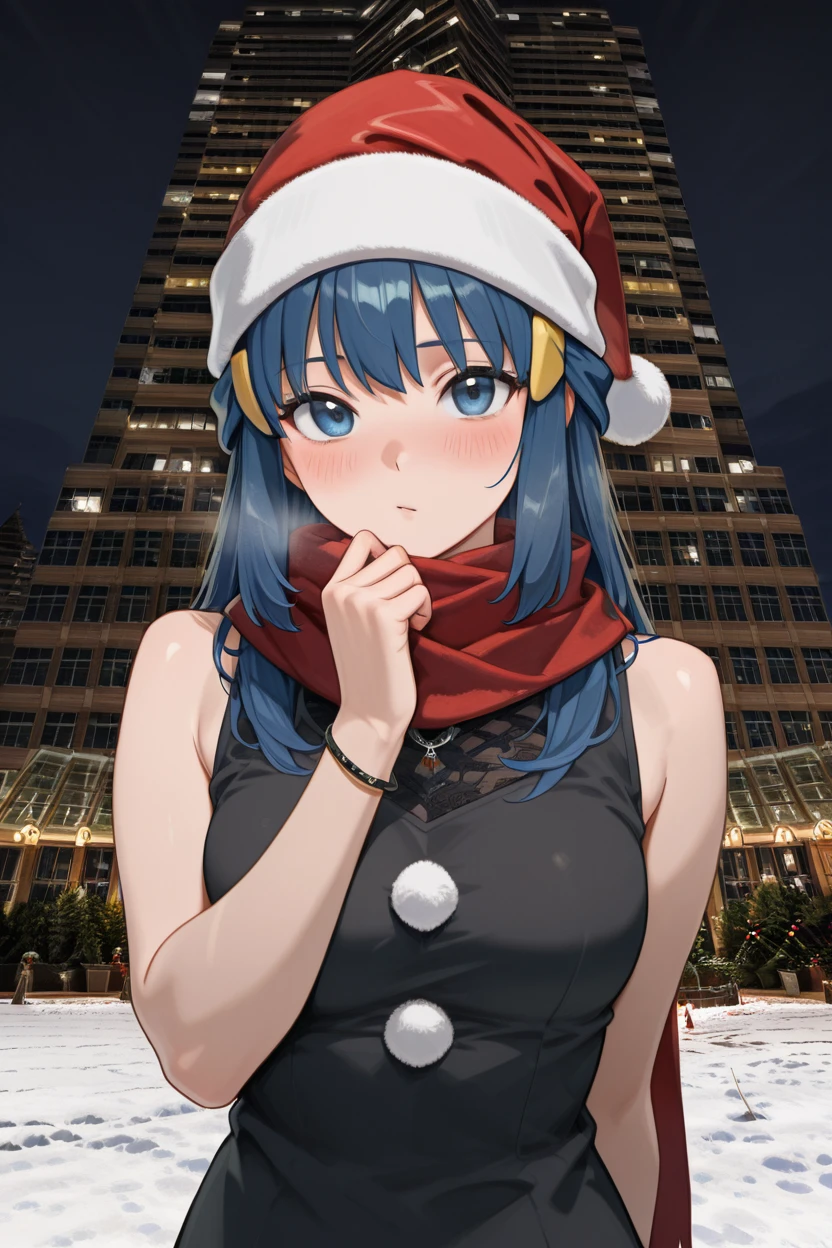 masterpiece, best quality, realistic,   zzNakatomi,  (upper body), zzDawn, blue hair, blue eyes, sidelocks, long hair, bare shoulders, black shirt, bracelet, hat, jewelry, kneehighs, red scarf, scarf, shirt,  sleeveless, sleeveless shirt,  <lora:DawnPokemonIXL_e07:0.7>,  1girl, solo, long hair, looking at viewer, blush,   photo background, mixed media,  (santa hat, Christmas trees, Christmas lights), snow, night,     ,<lora:NakatomiIXL:1.0>,