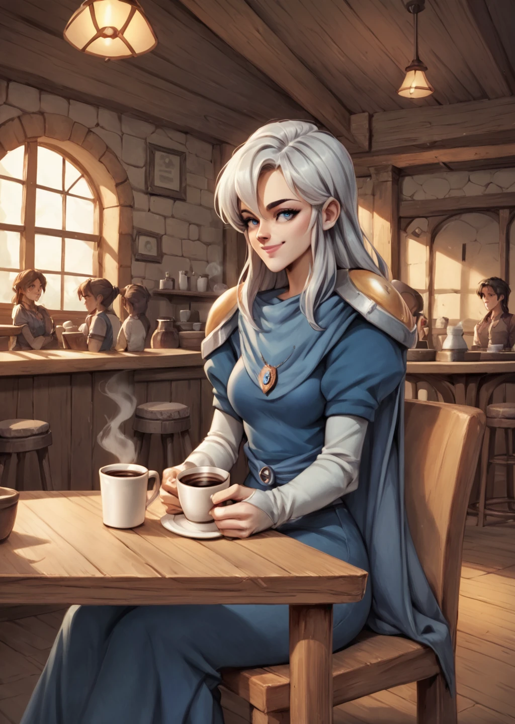 score_9, score_8_up, score_7_up, AnriSF, shoulder armor, tavern, interior, coffee, sharp, high quality, solo, blue cape, 1girl, woman sitting, smile, <lora:Anri-000005:1>