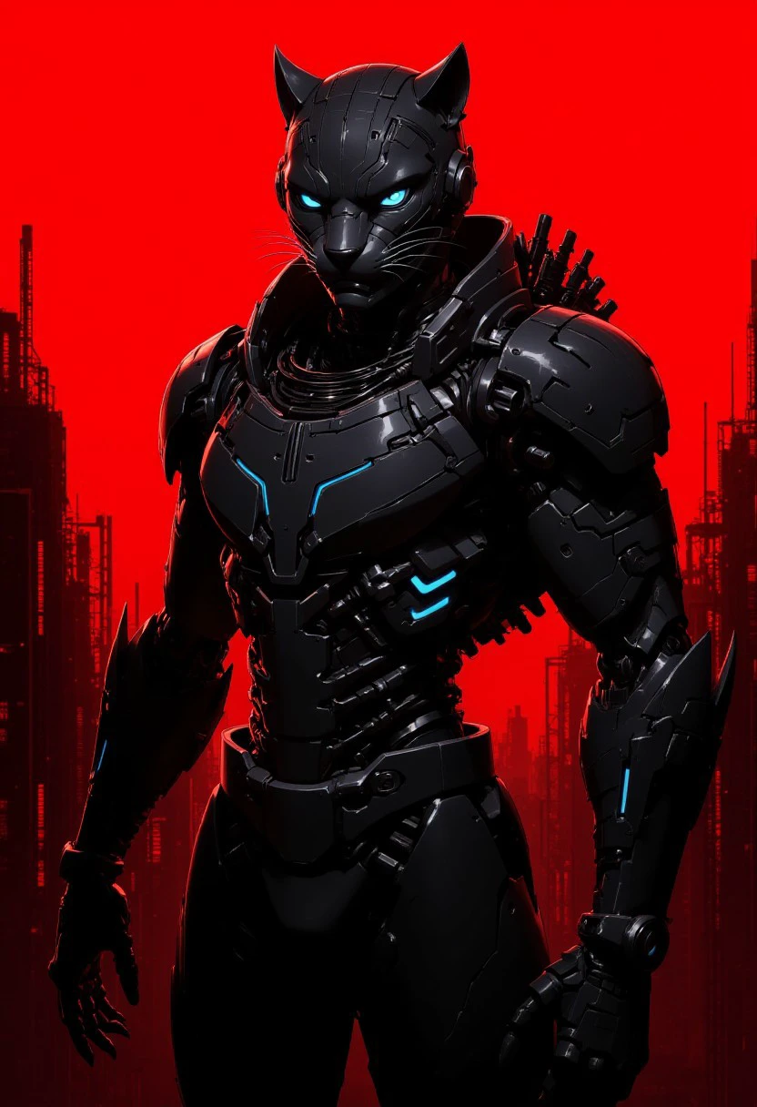 "Create a high-quality, extremely detailed digital artwork in a high-resolution, anime-inspired style. The scene features a high-tech anthropomorphic panther humanoid figure against a stark red background, filled with silhouettes of urban skyscrapers and industrial structures. The figure is a cyborg panther, depicted in a sleek, black and silver exosuit with intricate, glowing blue lines tracing its armor. The suit is composed of interlocking, mechanical plates and cables, indicating advanced cybernetic enhancements. The background's red tones and dark silhouettes contrast sharply with the cyborg's sleek, futuristic design, creating a striking and dynamic composition. The panther's eyes are a vivid, glowing blue, adding to its formidable and mysterious presence."