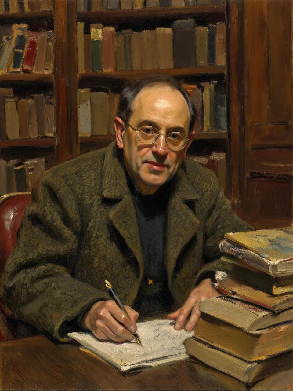 An oil painting, featuring a man in his late 30s sitting in a dimly lit library filled with rows of old books. He wears a tweed jacket and round glasses, with a thoughtful expression as he holds a pen poised above a notebook. The warm, golden tones of the library contrast with the dark green of his jacket, while the brushstrokes highlight the fine details of the books and the texture of the wood-paneled walls.