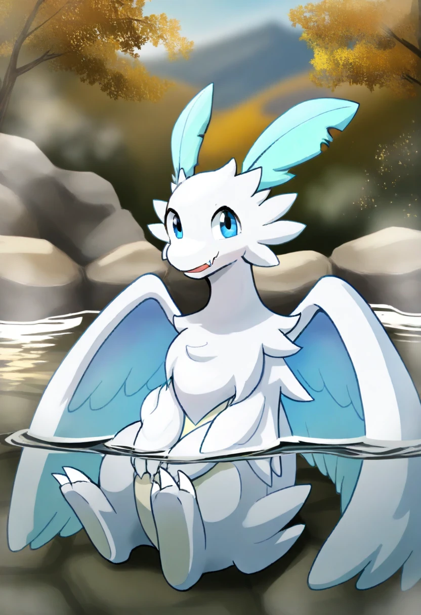 (masterpiece),(best quality),(ultra-detailed),very aesthetic,absurdres, newest,scenery, hot spring, partially submerged, animal focus, pokemon \(creature\), steam
<lora:Quivern_Palworld_Illustrious:1> qu1v3rn, blue eyes, white fur, white wings, light blue inner wings, white claws, light blue headfeathers, light blue tailfeather, white tail, long tail, claws, fangs, wings
(looking at viewer:1.4), smile, sitting, happy, partially submerged, sideview