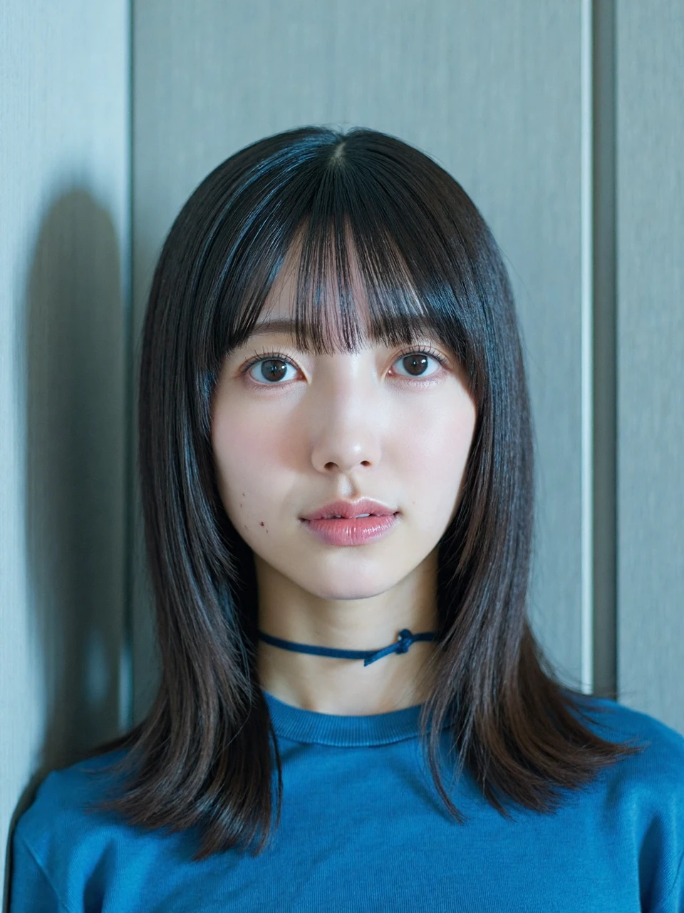 The image is a close-up portrait of a young woman named konishi with shoulder-length dark hair. She is wearing a blue top with a choker necklace around her neck. Her hair is styled in a bob with bangs that fall over her shoulders. She has a serious expression on her face and is looking directly at the camera. film grain. The background is gray white walls, and the environment is dim. The dim lighting adds a touch of mystery to the characters.