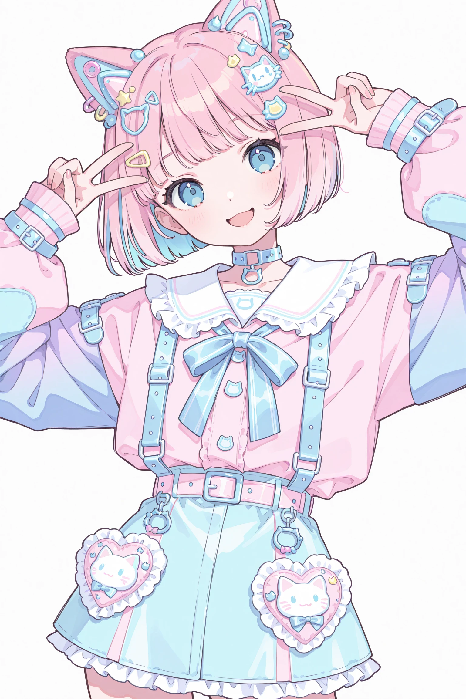 pastel colors theme, cute 1girl,blue eyes, pink bob cut,cat ears,  open mouth smile, head tilt, upper body, fashionable, futuristic outfit,decora futuristic fashion, (white background:1.2), cowboy shot, choker,v on head