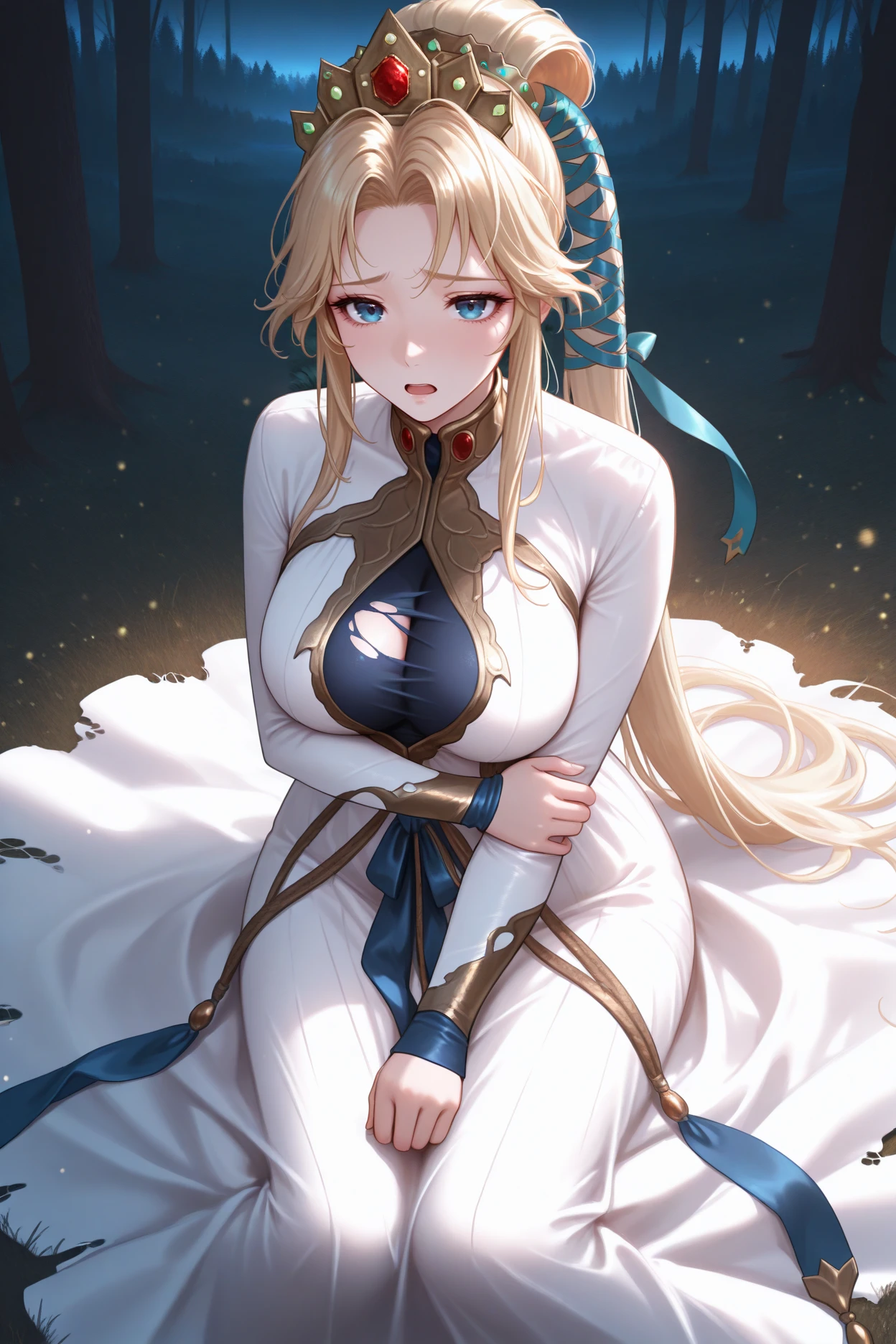 masterpiece, best quality, 1girl, solo, <lora:fenyna-illu-nvwls-v1-000007:1> nyna, high ponytail, blonde hair, hair ribbon, crown, white dress, long dress, long sleeves, large breasts, torn dress, sad, open mouth, holding own arm, sitting on ground, looking at viewer, from above,  field, forest, night