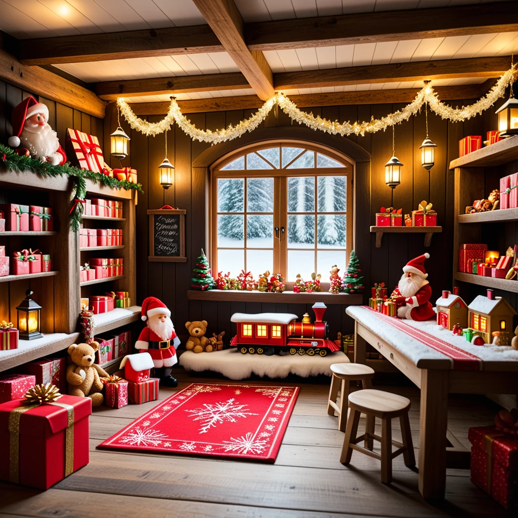 A warm, inviting photograph of Santa Claus's workshop, completely empty yet brimming with festive energy. The room is illuminated by soft golden light from lanterns hanging from wooden beams and a crackling fireplace in the corner. Wooden tables are scattered with tools, paints, and half-assembled toys, including a bright red train, a teddy bear, and colorful wooden blocks. Shelves along the walls overflow with vibrant gift boxes, plush toys, and neatly stacked wrapping paper rolls. The floor is dusted with wood shavings and glitter, adding a sense of activity left behind. Snow-covered windows reveal a faint winter landscape outside, with icicles hanging from the edges. A large chalkboard on one wall lists "Nice & Naughty" names in festive handwriting. The air feels magical, as though the elves just stepped out for a break, leaving the workshop frozen in a perfect holiday moment.<lora:SDXLFaeTastic2400:0.4> <lora:extremely_detailed:0.4> extremely detailed,, Masterpiece,best quality,hi res,8k,hi res,8k,award winning,(sharp focus, intricate, highly detailed),