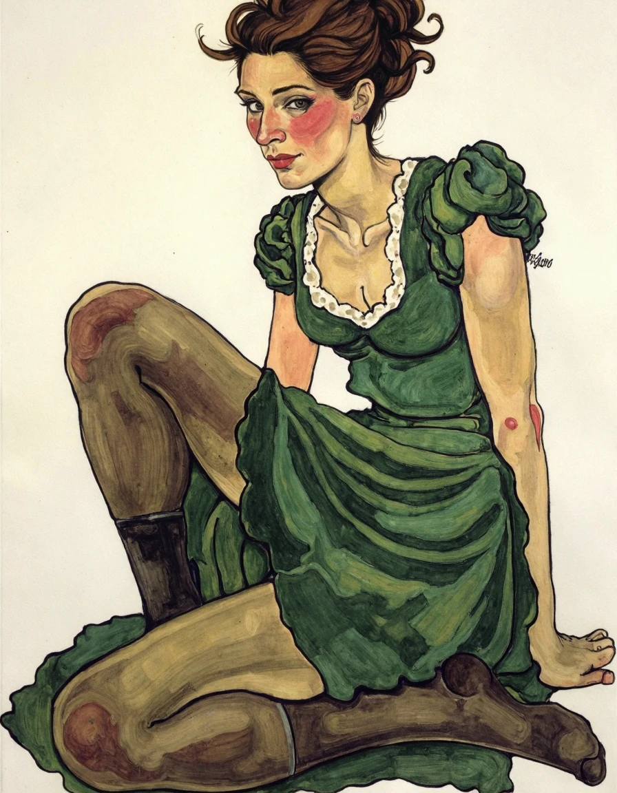 (egonschiele style painting) woman with green dress, thighhighs, white outline