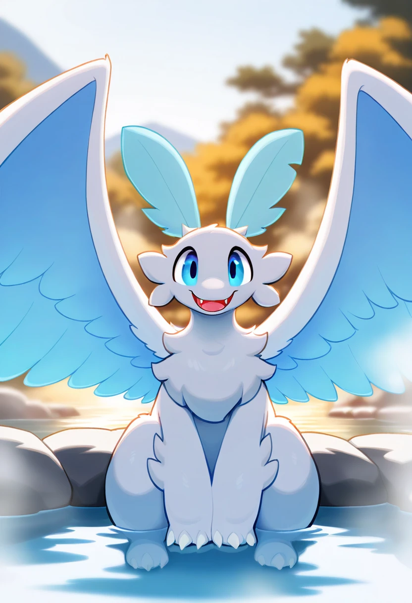 (masterpiece),(best quality),(ultra-detailed),very aesthetic,absurdres, newest,scenery, hot spring, partially submerged, animal focus, pokemon \(creature\), steam
<lora:Quivern_Palworld_Illustrious:1> qu1v3rn, blue eyes, white fur, white wings, light blue inner wings, white claws, light blue headfeathers, light blue tailfeather, white tail, long tail, claws, fangs, wings
(looking at viewer:1.4), smile, sitting, happy, partially submerged, sideview