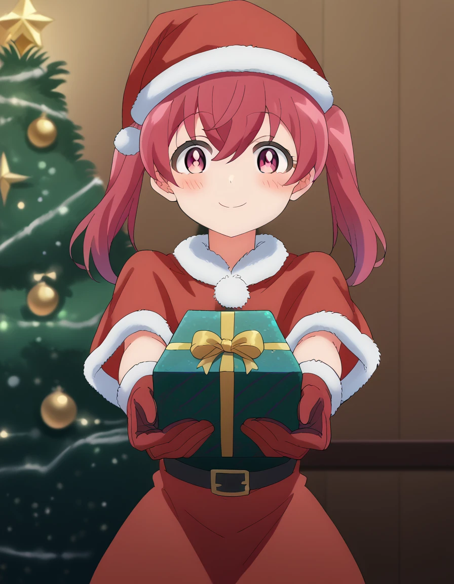 score_9, score_8_up, score_7_up, source_anime, <lora:kana-sakuragi-s1-ponyxl-lora-nochekaiser:1>, kana sakuragi, twintails, red hair, pink eyes, hair between eyes, anime screencap,, <lora:santa-costume-ponyxl-lora-nochekaiser:1>, santa costume, santa hat, christmas, sack, merry christmas, gift, fur-trimmed headwear, holding sack, santa dress, fur-trimmed dress, christmas tree, christmas tree, fur trim, red capelet, gift box, red gloves, fur-trimmed capelet, santa gloves, red hat, hat,, smile, blush, looking at viewer, <lora:incoming-gift-ponyxl-lora-nochekaiser:1>, incoming gift, outstretched arms, holding, holding gift, gift, gift box,, , dutch angle, cowboy shot