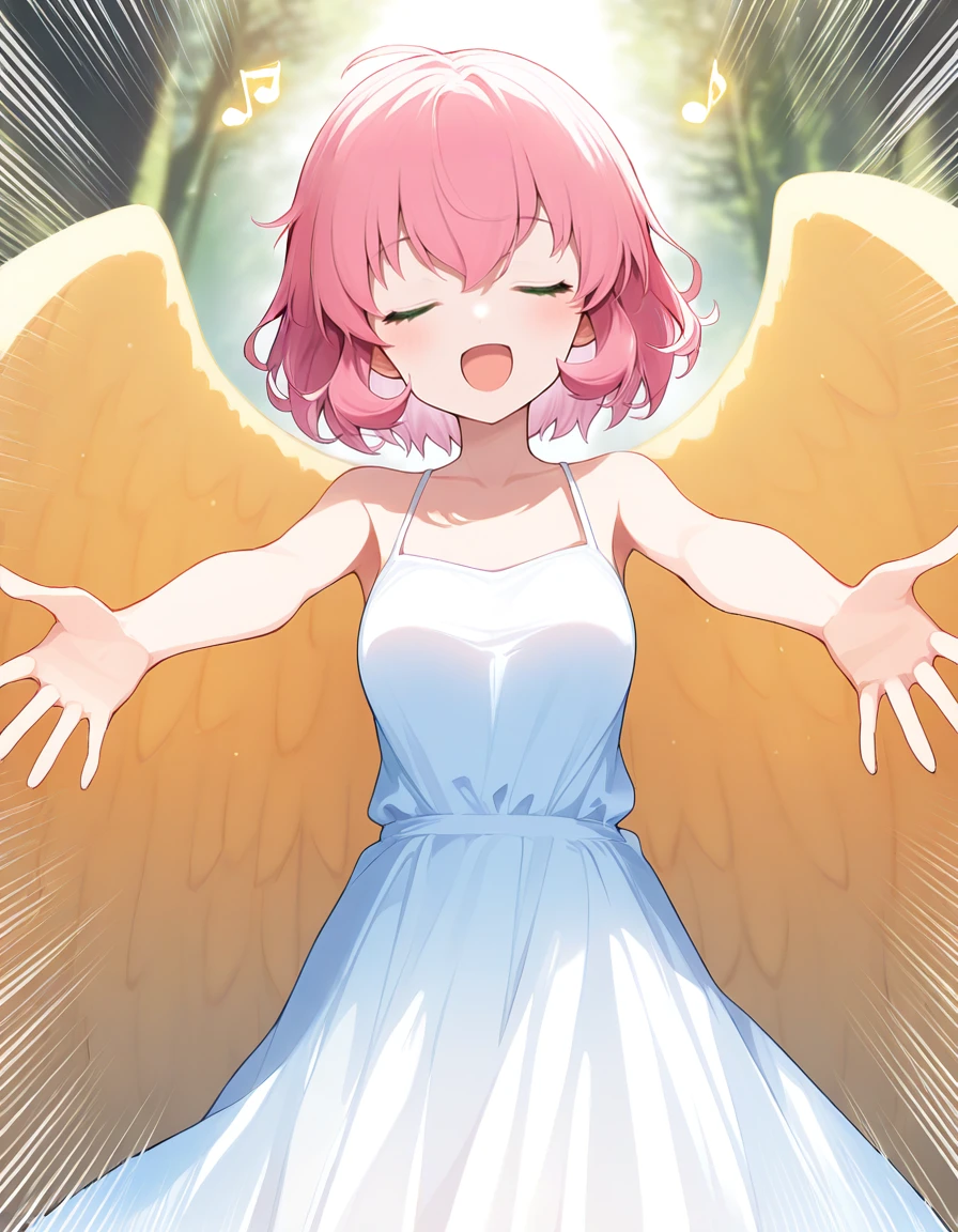 <lora:Pharpy_SDXL_Illustrious01_fp16_ver01:1>,Pharpy,1girl,green eyes, pink hair, short hair,white sundress,bare shoulders,yellow wings,closed eyes, open mouth, emphasis lines, hands,outstretched arms,forest,musical note, cowboy shot,<lora:HairintakesEraser_v01_illustrious_10steps:1.5>, masterpiece, best quality, very aesthetic, absurdres,<lora:detailed_hands:1>,hand