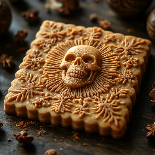 with the swirls appearing to spiral inward from the edges towards the center., placed on a dark wooden surface. The cookie is golden brown and features an elaborate design., and a detailed mouth., ornate frame. The centerpiece of the design features a detailed skull and crossbones, Spekulatius. Spekulatius This is a high-resolution photograph showcasing an intricately carved wooden plaque. The plaque is rectangular and features a rich