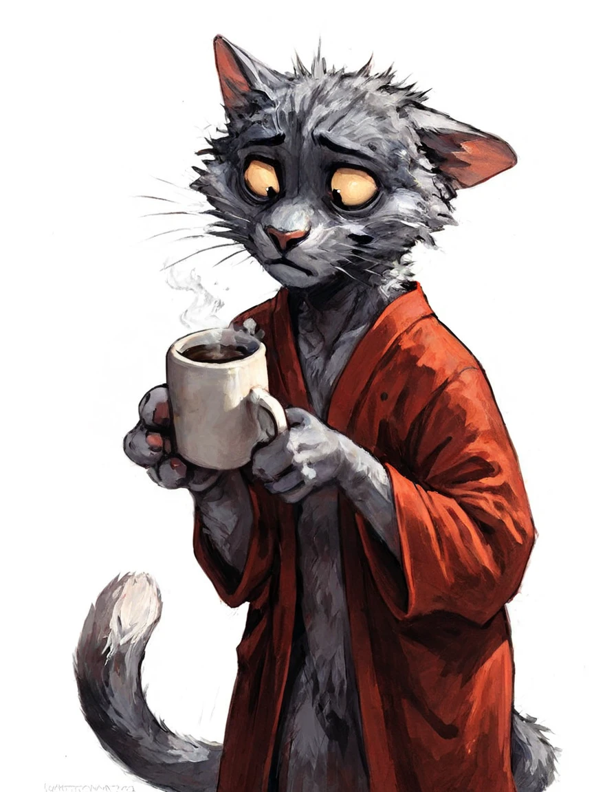 source_furry ,
Furry male cat, white and grey fur, wearing red bath robe, tired, drowsy eyes, just woke up, messy hair, holding a cup of coffee, white mug, tail, paws, white background. simple background
<lora:Better_Kenket-000008:0.9>, score_9, score_8_up, score_7_up, score_6_up, score_5_up,