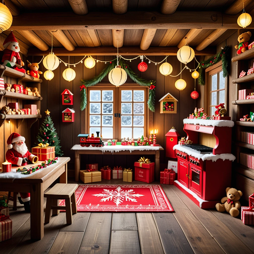 A warm, inviting photograph of Santa Claus's workshop, completely empty yet brimming with festive energy. The room is illuminated by soft golden light from lanterns hanging from wooden beams and a crackling fireplace in the corner. Wooden tables are scattered with tools, paints, and half-assembled toys, including a bright red train, a teddy bear, and colorful wooden blocks. Shelves along the walls overflow with vibrant gift boxes, plush toys, and neatly stacked wrapping paper rolls. The floor is dusted with wood shavings and glitter, adding a sense of activity left behind. Snow-covered windows reveal a faint winter landscape outside, with icicles hanging from the edges. A large chalkboard on one wall lists "Nice & Naughty" names in festive handwriting. The air feels magical, as though the elves just stepped out for a break, leaving the workshop frozen in a perfect holiday moment.<lora:SDXLFaeTastic2400:0.4> <lora:extremely_detailed:0.4> extremely detailed,, Masterpiece,best quality,hi res,8k,hi res,8k,award winning,(sharp focus, intricate, highly detailed),