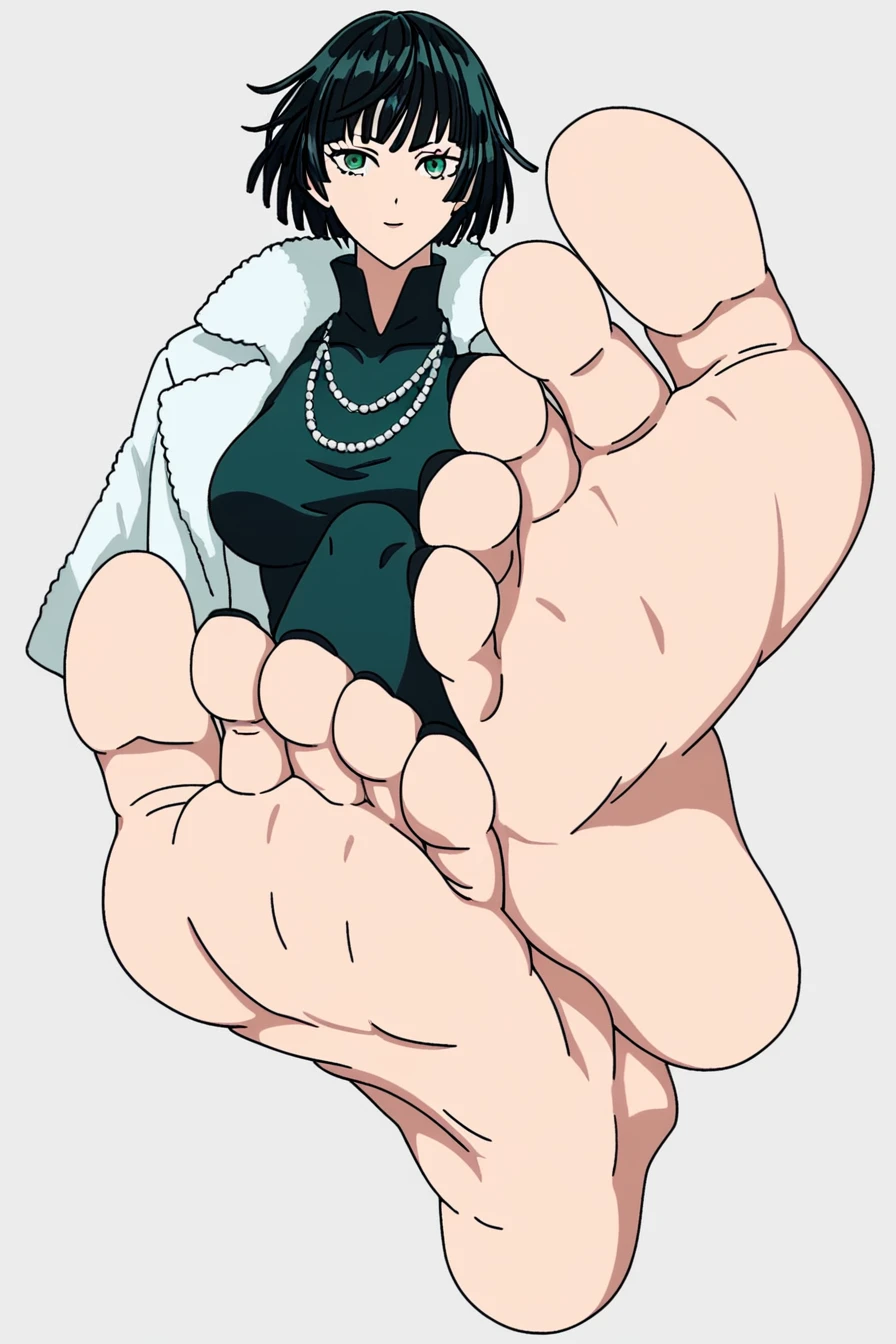 score_9, score_8_up,   <lora:opm-fubuki-anime-s1s2-ponyxl-lora-nochekaiser:0.8> fubuki, fubuki \(one-punch man\), black hair, green eyes, short hair, large breasts, black dress, dress, fur coat, high collar, jewelry, necklace, off shoulder, taut clothes, taut dress, 1girl, solo, alone,  <lora:dantegemini_style_pony:0.8>,  dantegemini_style, foot focus, barefoot, black toenails, feet, toes, white background, masterpiece, highres