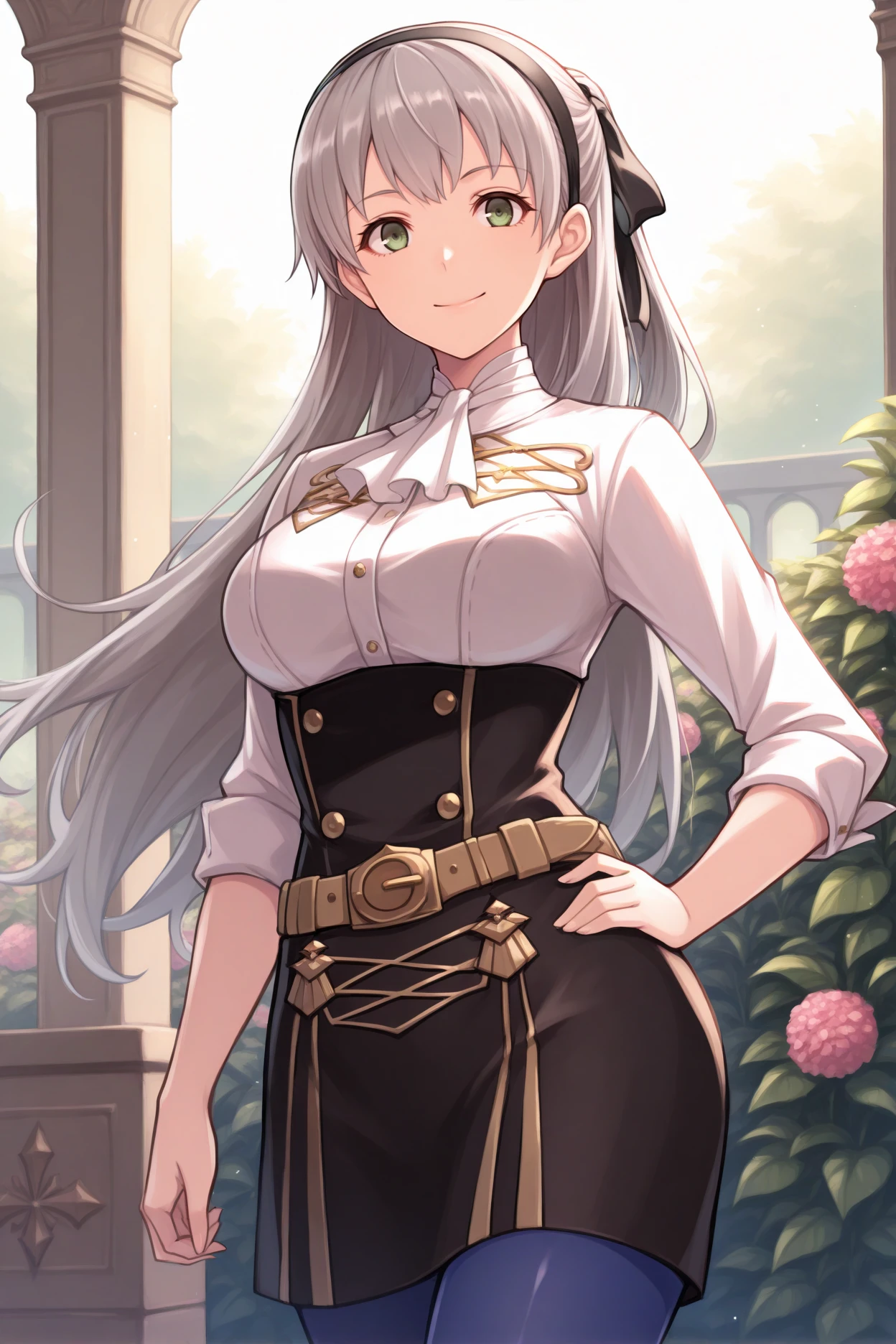 masterpiece, best quality, 1girl, solo, <lora:gmuniform2-illu-nvwls-v1:1> gmuniform2, white ascot, white shirt, high-waist skirt, sleeves rolled up, blue pantyhose <lora:elie-illu-nvwls-v1:1> rdelie, grey hair, long hair, half updo, green eyes, black hairband, hair ribbon, looking at viewer, smile, upper body, hedges, garden, hand on hip, white ascot