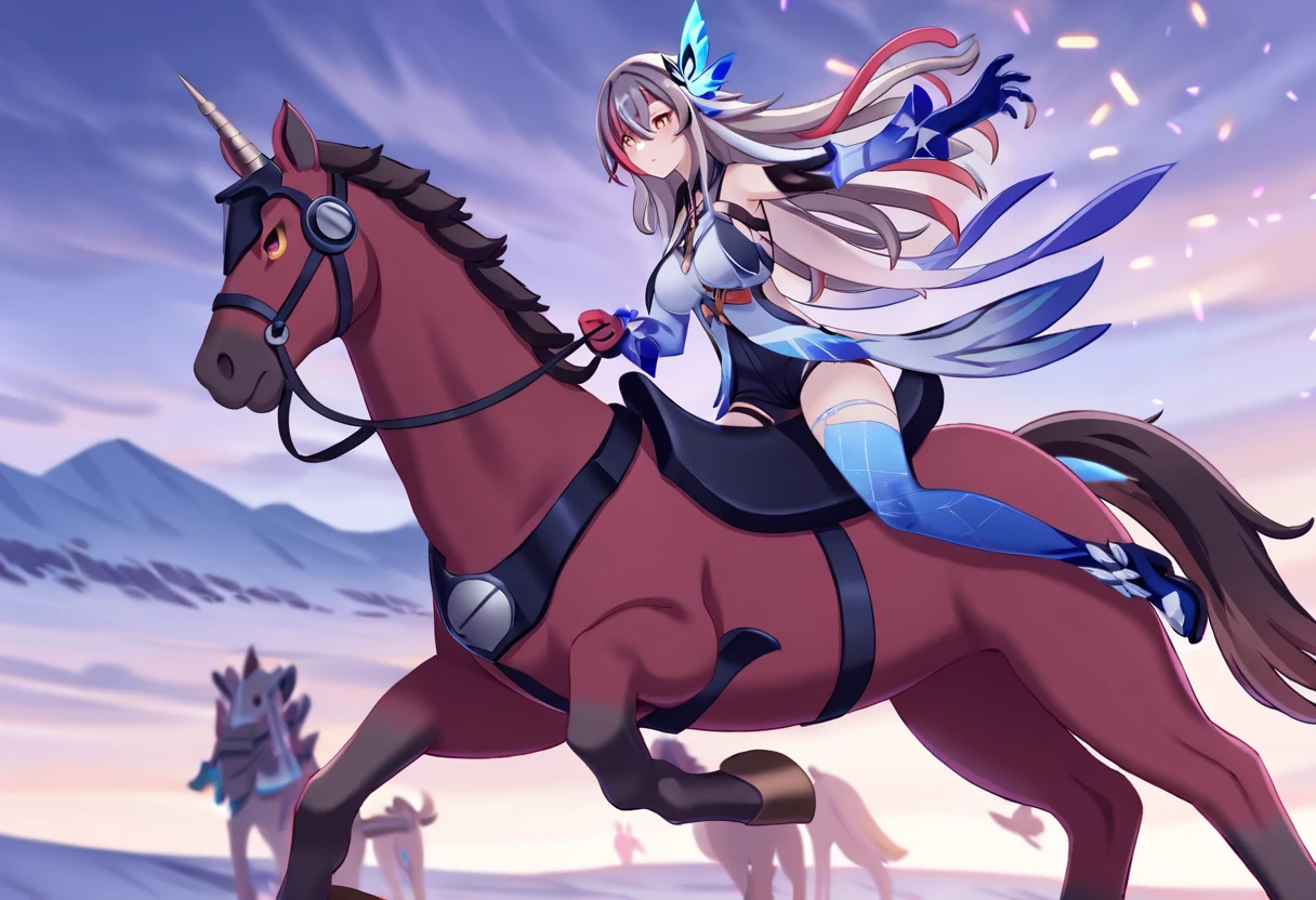 (explict), 1girl, hair ornament, solo, long hair, grey hair, bare shoulders, pink eyes, breasts, butterfly hair ornament, very long hair, detached sleeves, hair between eyes, serious face, gradiant legwear, riding a horse, epic, blizzard, snowy field, (masterpiece), (best quality), (ultra detailed), colorful lights, (miyuki \(miyuki0529\):1.2763),(nekonyan:1.5514), (masterpiece, best quality, amazing quality, highres, absurdres, very aesthetic, depth of field)