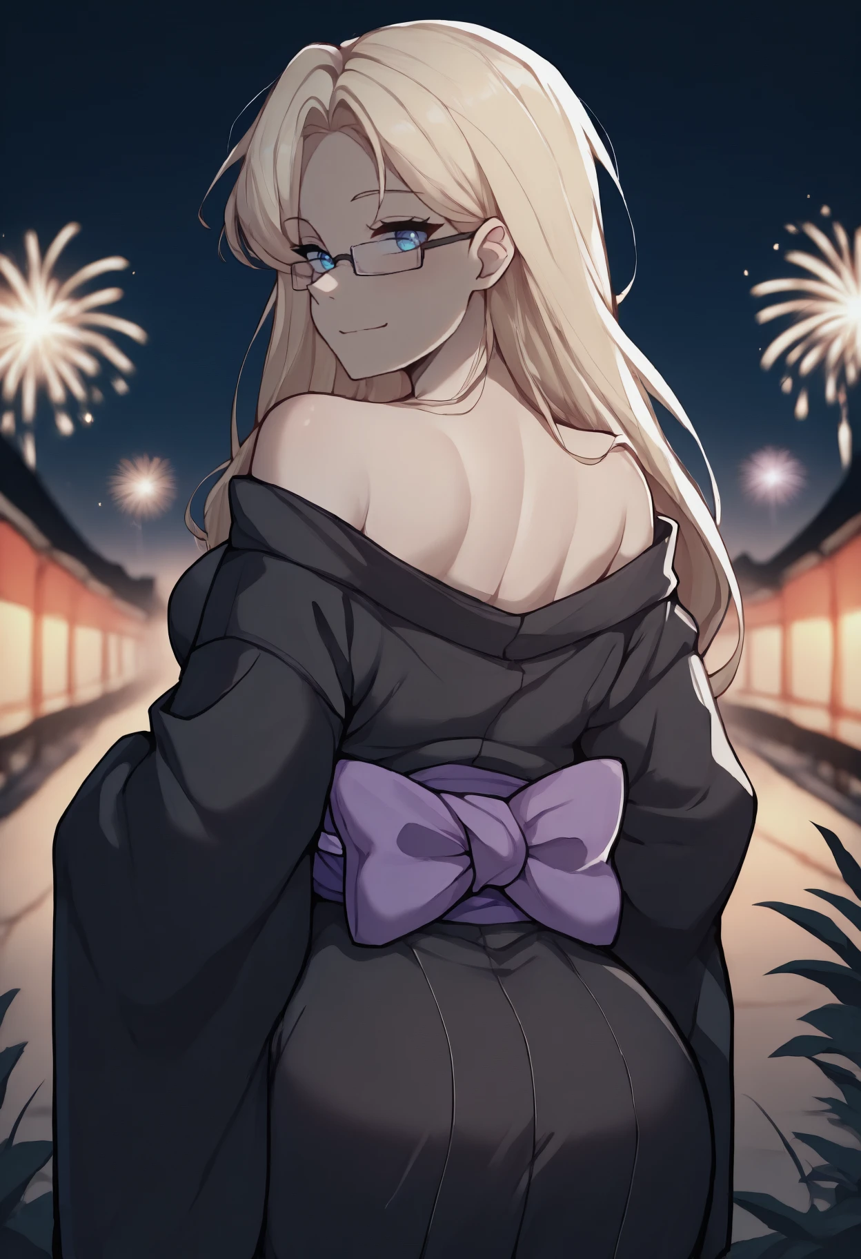 anime, masterpiece, best quality, from behind, solo, 1girl, zfzm, slight smile, looking back, long hair, blonde hair, blue eyes, glasses, semi-rimless eyewear, japanese clothes, black kimono, off shoulder, purple sash, bare shoulders, outdoors, night, fireworks
<segment:yolo-Anzhc Face seg 640 v2 y8n.pt,0.4,0.5//cid=1>