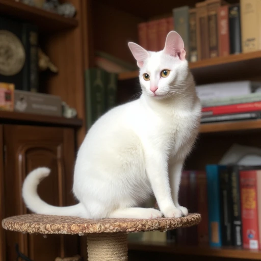 photo, white fluffycat cat sitting on a cat tree in a library next to a book shelf with books