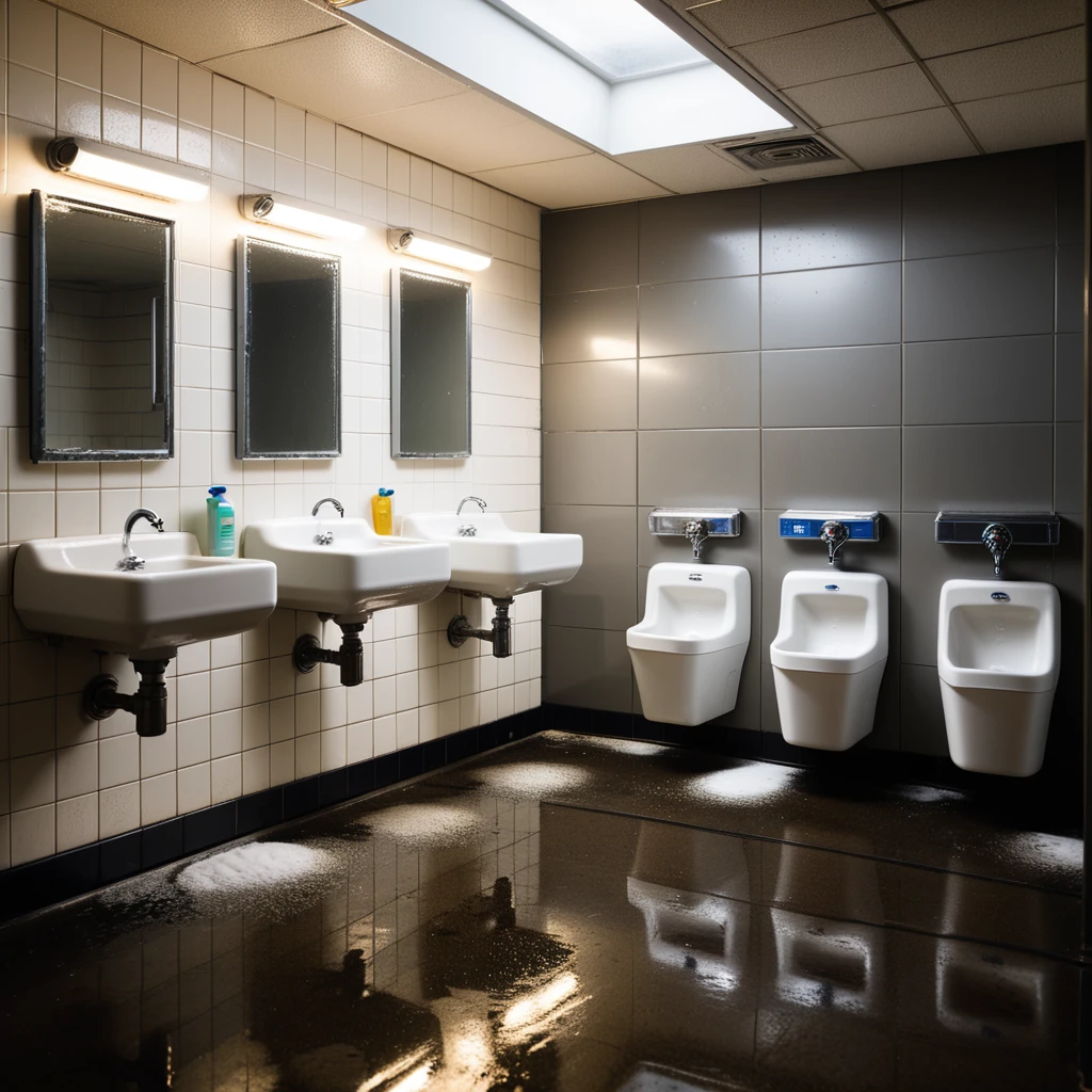 The interior of a public restroom with a utilitarian and slightly neglected design. The walls are covered in plain, slightly stained white tiles, some of which are cracked or chipped. The floor consists of large, dull gray tiles with faint scuff marks and small puddles of water near the sinks. On one side of the room, a row of metal bathroom stalls with scratched doors and faded paint lines the wall. On the opposite wall, a series of wall-mounted urinals made of white ceramic are spaced evenly, each with a metallic flush handle above. Some urinals have faint stains and water streaks, with one having a small puddle beneath it. A row of sinks with old, slightly rusted faucets sits beneath a large, streaked mirror that has smudges and water spots. Above, fluorescent tube lights buzz faintly, casting a cold, sterile glow over the space. A faint smell of cleaning chemicals lingers in the air, mixed with the dampness of the room. A hand dryer is mounted on the wall near the entrance, and a trash bin overflowing with crumpled paper towels stands nearby. The atmosphere feels functional but slightly neglected, emphasizing its everyday use.
<lora:SDXLFaeTastic2400:0.4> <lora:extremely_detailed:0.4> extremely detailed, Masterpiece,best quality,hi res,8k,hi res,8k,award winning,(sharp focus, intricate, highly detailed),