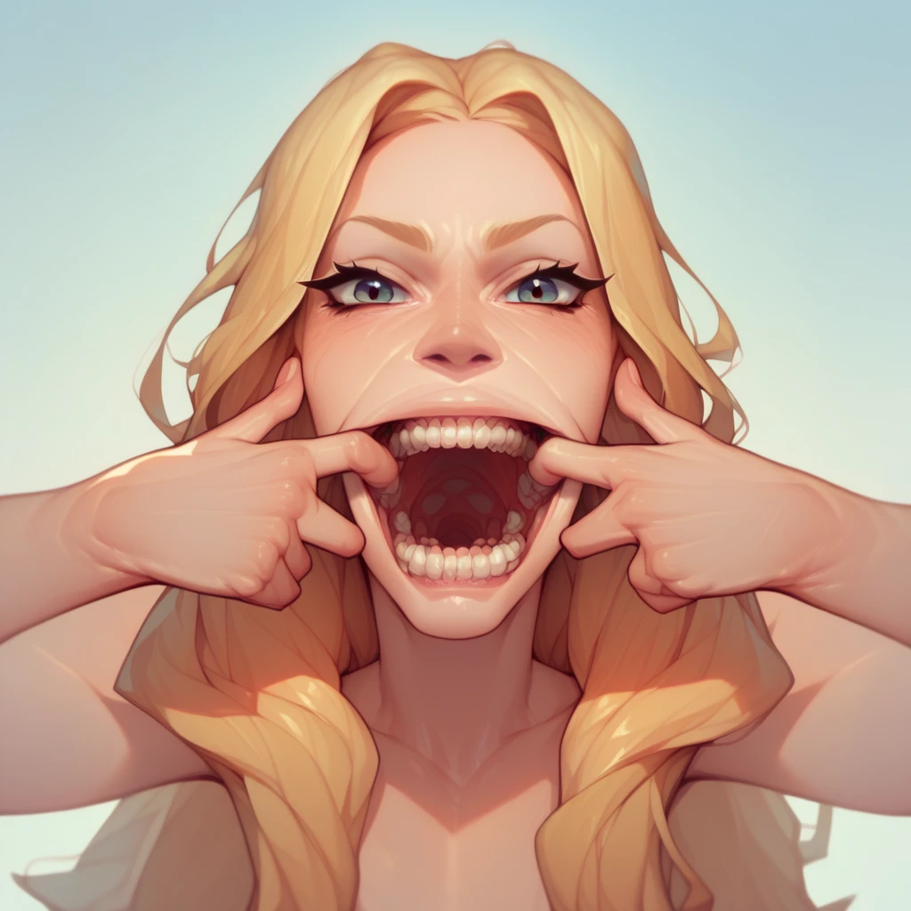 Score_9, score_8_up, score_7_up, f1shh0ok, 1girl, open mouth, blonde hair, mouth pull, teeth, long hair, looking at viewer, open mouth, spread mouth, mouth pull, fingers in mouth, solo