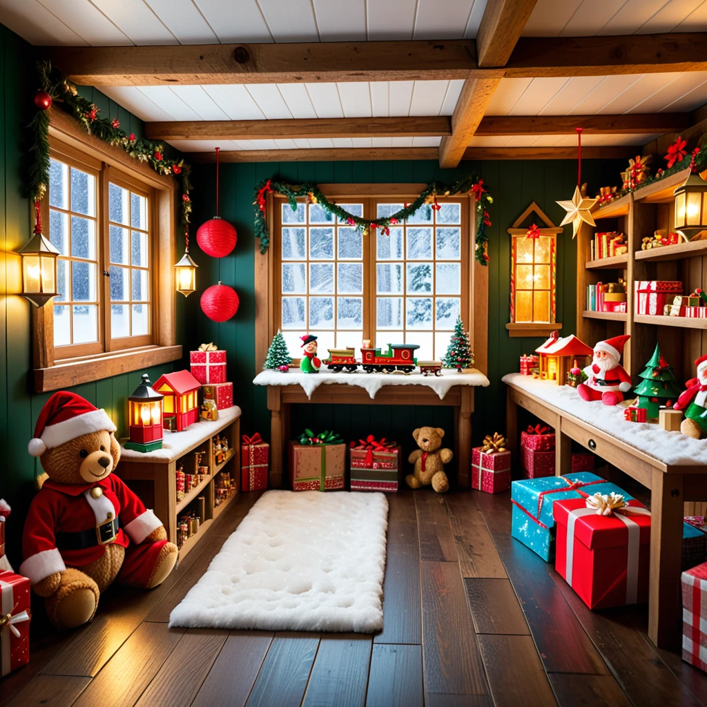 A warm, inviting photograph of Santa Claus's workshop, completely empty yet brimming with festive energy. The room is illuminated by soft golden light from lanterns hanging from wooden beams and a crackling fireplace in the corner. Wooden tables are scattered with tools, paints, and half-assembled toys, including a bright red train, a teddy bear, and colorful wooden blocks. Shelves along the walls overflow with vibrant gift boxes, plush toys, and neatly stacked wrapping paper rolls. The floor is dusted with wood shavings and glitter, adding a sense of activity left behind. Snow-covered windows reveal a faint winter landscape outside, with icicles hanging from the edges. A large chalkboard on one wall lists "Nice & Naughty" names in festive handwriting. The air feels magical, as though the elves just stepped out for a break, leaving the workshop frozen in a perfect holiday moment.<lora:SDXLFaeTastic2400:0.4> <lora:extremely_detailed:0.4> extremely detailed,, Masterpiece,best quality,hi res,8k,hi res,8k,award winning,(sharp focus, intricate, highly detailed),