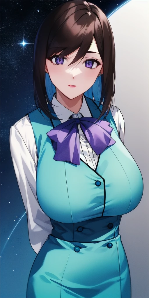 <lora:LinnaYamazakiV2:0.7> linna_yamazaki, huge_breasts, standing, solo, starry_sky, arms_behind_back, white_collared_shirt_purple_ascot_aqua_pencil_skirt_aqua_vest, masterpiece, best_quality, detailed_face, detailed_eyes, highres, beautiful, detailed, absurdres,