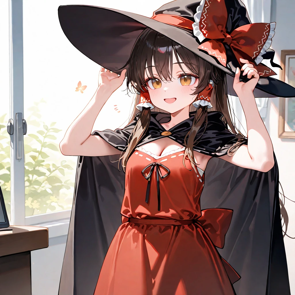 masterpiece, best quality, amazing quality, very aesthetic, newest, general, 
solo, hakurei reimu, touhou, brown eyes, red eyes, brown hair, long hair, black hair, hair bow, hair tubes, red bow, happy, 
witch dress, witch hat, witch cape, cleavage, standing, arms up, 
Home office, 
(ningen mame:0.5), (ciloranko:0.7), (blvefo9:0.5), (signalviolet:0.4), (ke-ta:0.5), (toosaka asagi:0.4), (ebifurya:0.35), (ishikei:0.3), <lora:nyalia:0.15>, <lora:dj_sloppa_ill_v2:0.3>,