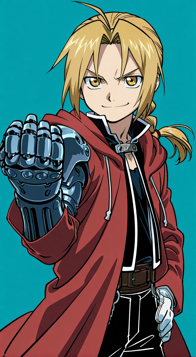 score_9, score_8_up, score_7_up, source_anime, highres, (masterpiece, best quality, (anime, anime coloring:1.3),1boy,solo,male focus,Anime screencap,edward elric,blonde hair,long hair,yellow eyes,ahoge,braiden ponytail,single mechanical arm,simple background,smile,red coat,smile