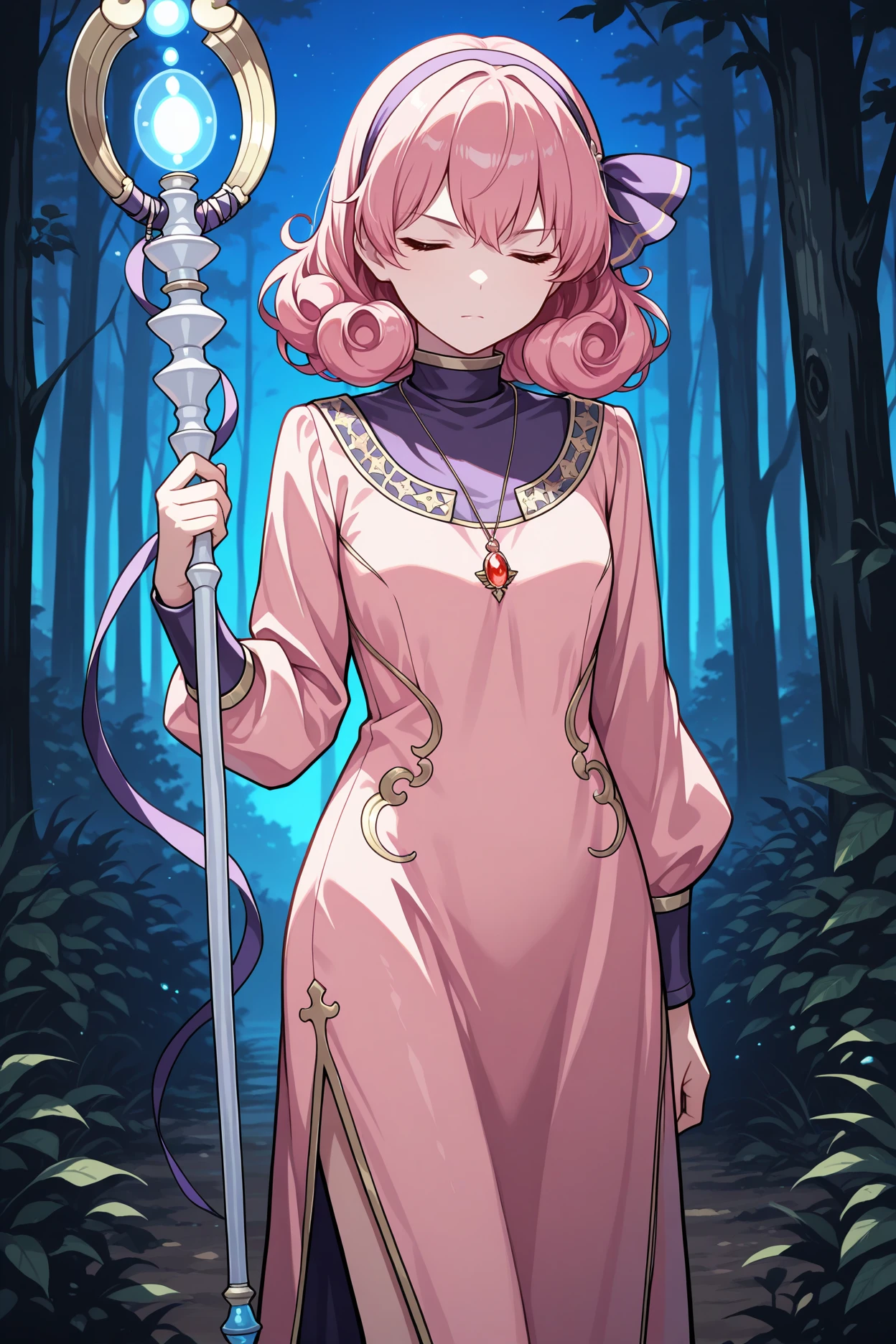 masterpiece, best quality, 1girl, solo,  <lora:fegenny-illu-nvwls-v1-000007:1> fegny, pink hair, curly hair, medium hair, brown eyes, purple hairband, turtleneck, pendant, pink dress, long dress, gold trim, long sleeves, holding staff, glowing staff, closed eyes, serious, night, forest