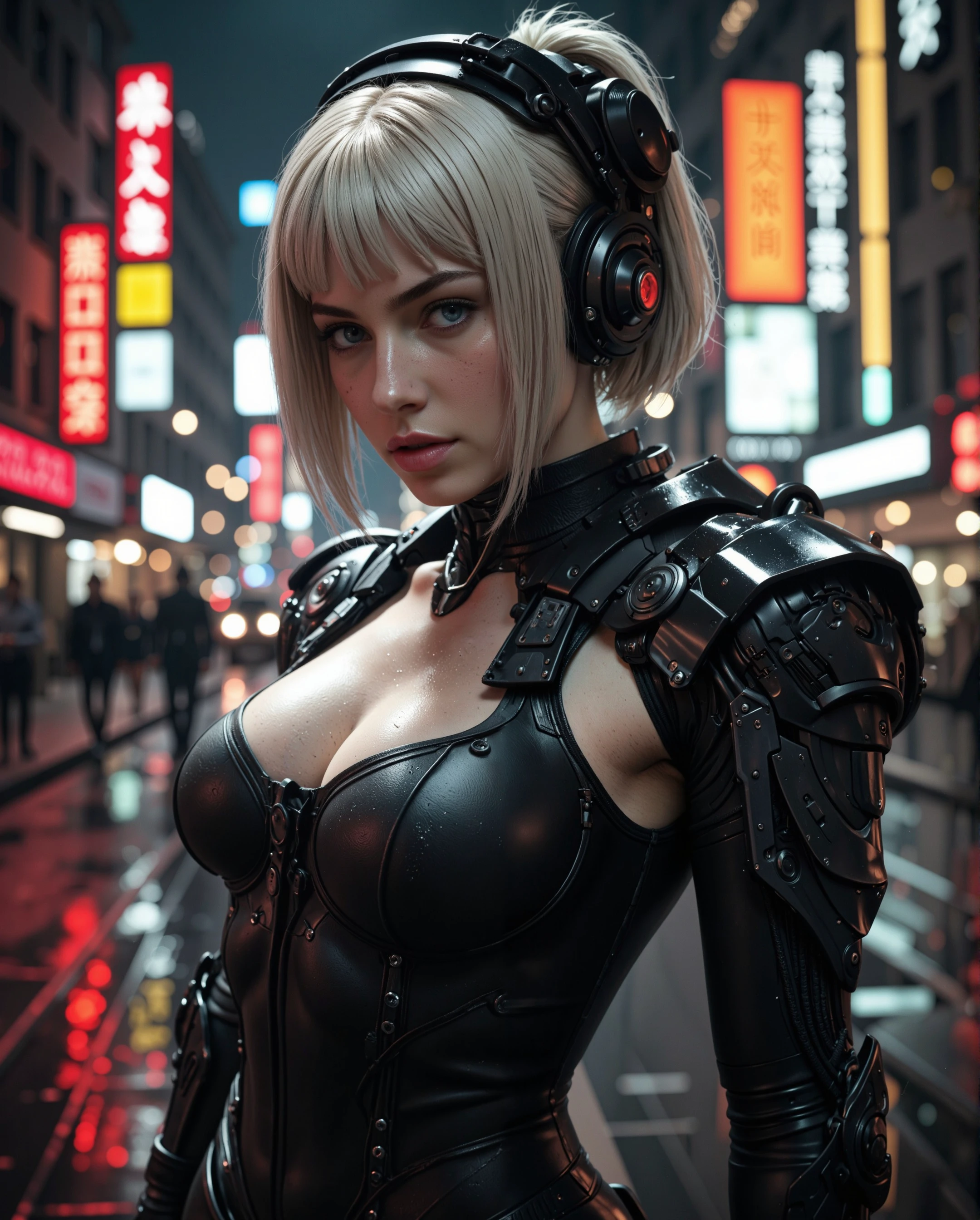 masterpiece,best quality,high resolution,8K,(Portraits:1.5),(R Original Photo),The real situation,Digital Photography,(A fusion of cyberpunk and fantasy),(Policewoman),,Feel free to hairstyle,White hair,Purple Eyes,By Bangs,(red eye breasts, Accessories,shut your mouth,Elegant and charming,Serious and arrogant,Calm and handsome,(Combination of cyberpunk and fantasy style clothing,hollow-carved design,Large Breasts,Photo poses,Realistic style,Gray World Background,oc render reflection texture,futuristic city,Medium distance photography