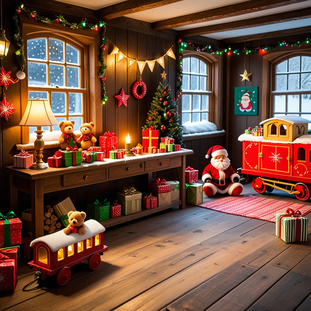 A warm, inviting photograph of Santa Claus's workshop, completely empty yet brimming with festive energy. The room is illuminated by soft golden light from lanterns hanging from wooden beams and a crackling fireplace in the corner. Wooden tables are scattered with tools, paints, and half-assembled toys, including a bright red train, a teddy bear, and colorful wooden blocks. Shelves along the walls overflow with vibrant gift boxes, plush toys, and neatly stacked wrapping paper rolls. The floor is dusted with wood shavings and glitter, adding a sense of activity left behind. Snow-covered windows reveal a faint winter landscape outside, with icicles hanging from the edges. A large chalkboard on one wall lists "Nice & Naughty" names in festive handwriting. The air feels magical, as though the elves just stepped out for a break, leaving the workshop frozen in a perfect holiday moment.<lora:SDXLFaeTastic2400:0.4> <lora:extremely_detailed:0.4> extremely detailed,, Masterpiece,best quality,hi res,8k,hi res,8k,award winning,(sharp focus, intricate, highly detailed),