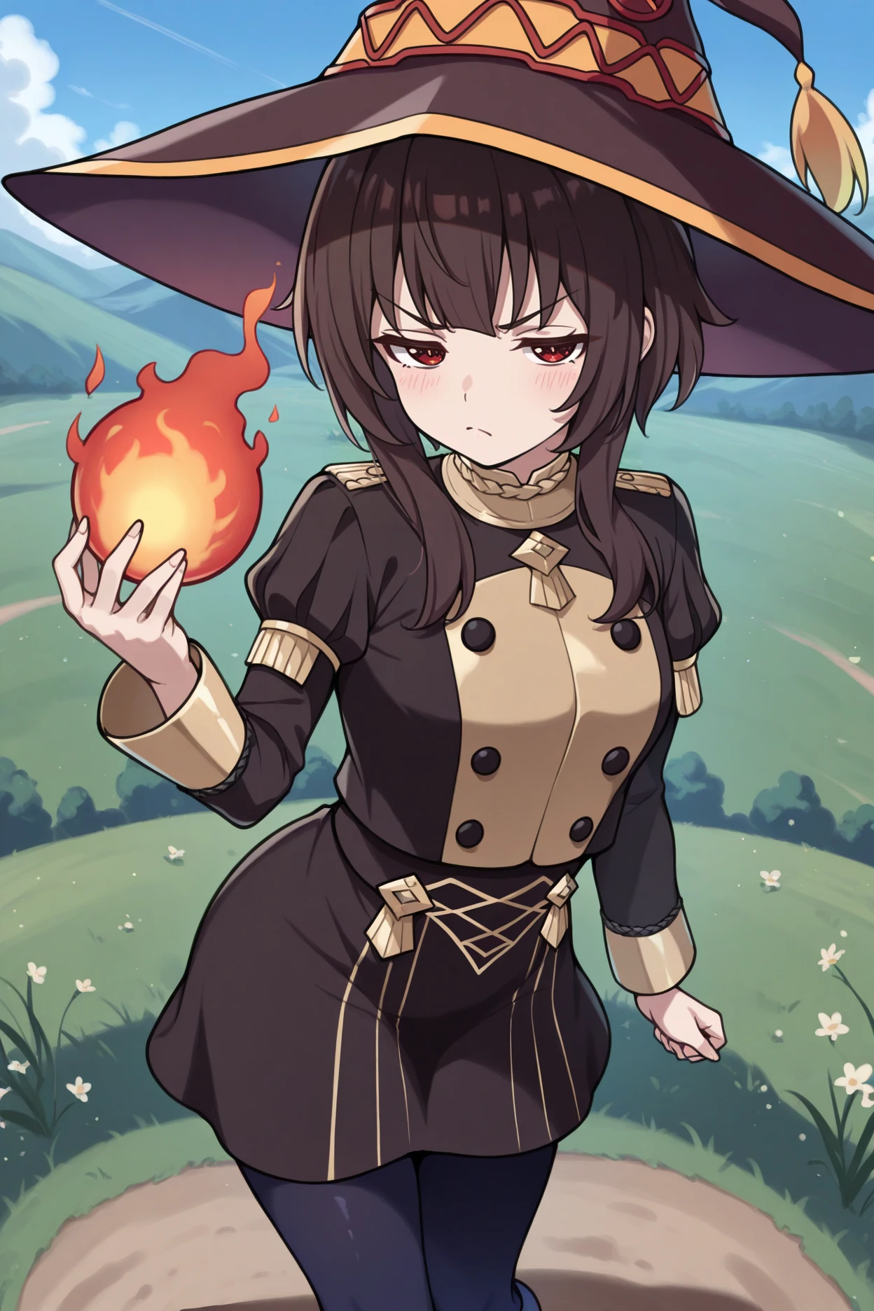 masterpiece, best quality, 1girl, solo, <lora:gmuniform1-illu-nvwls-v1:1> gmuniform1, black jacket, gold trim, puffy sleeves, black buttons, black skirt, blue pantyhose, (megumin \(konosuba\):0.8), witch hat, looking at viewer, annoyed, half-closed eyes, holding fireball, field, hand up