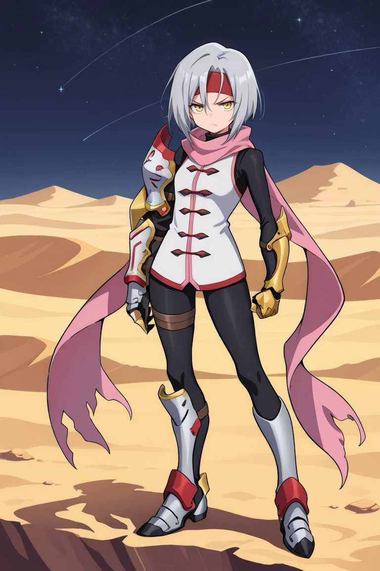 masterpiece, best quality, solo, <lora:ZilvaIL:0.85> , zildef, 1girl, short hair, grey hair, yellow eyes, red headband, scarf, pink scarf, white sweater vest, white shirt, bodysuit, black bodysuit, bodysuit under clothes, (single gauntlet), black gloves, sheathed, armored shoes, looking at viewer, angry, closed mouth, full body, night, stars, desert,