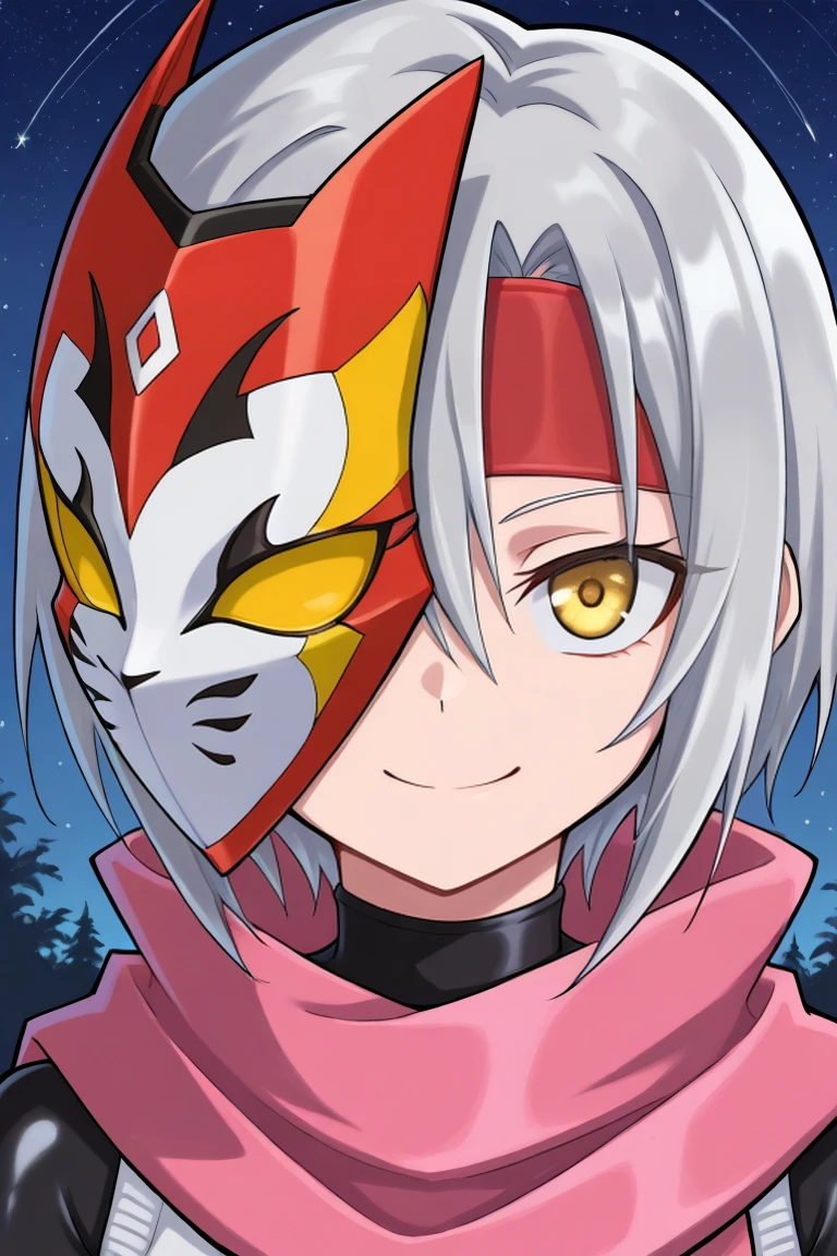 <lora:ZilvaIL:0.85> , zildef, 1girl, short hair, grey hair, yellow eyes, red headband, scarf, pink scarf, white sweater vest, white shirt, bodysuit, black bodysuit, bodysuit under clothes, mask over one eye, face, close-up, looking at viewer, smile, night, stars, detailed background, mask with no eyes, , solo, masterpiece, best quality, amazing quality, very aesthetic, high resolution,