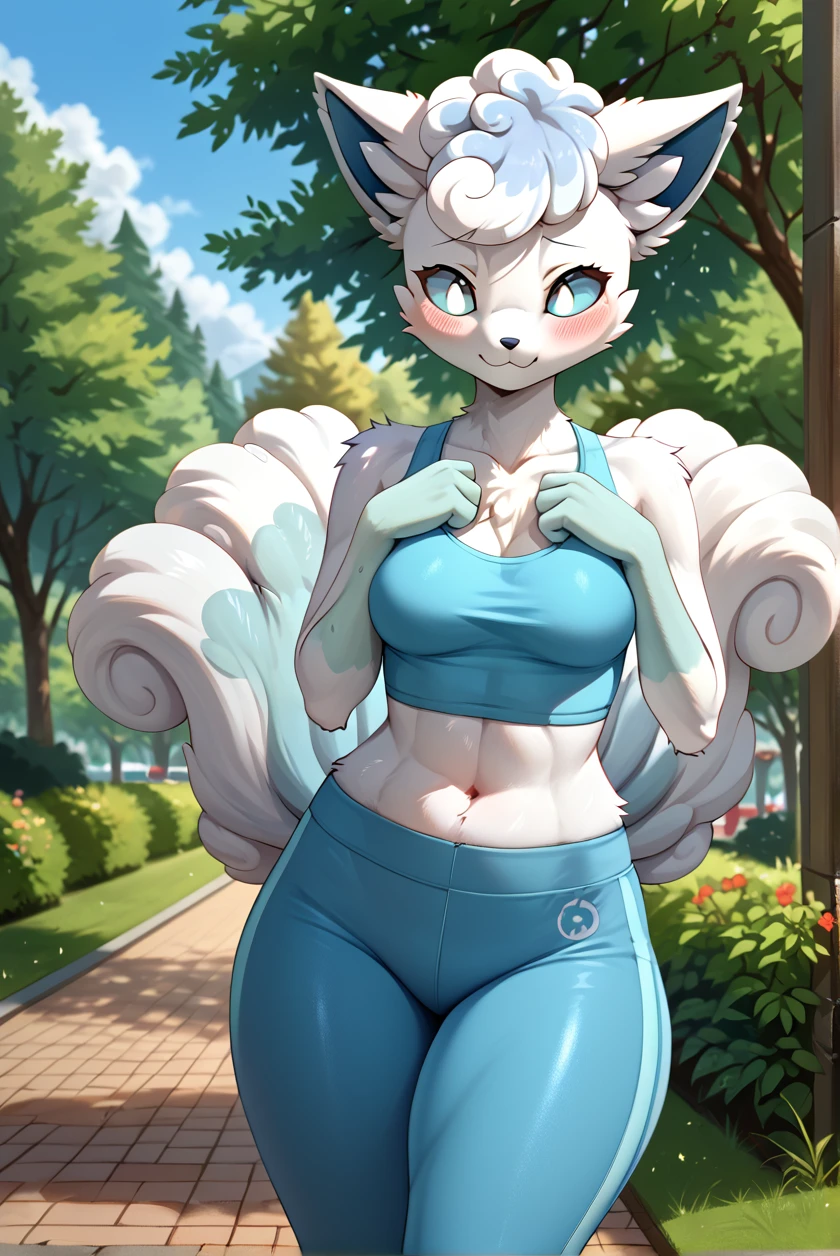 score_9, score_8_up, score_7_up, source_anime, source_furry, (beautiful, detailed background, digital artwork, digital art, well shaded artwork, depth, detailed artwork)1.2, 1girl, female, furry, anthro, alolan vulpix, detailed fluffy fur, large expressive eyes, park setting, standing, yoga pants, crop top, small breasts, natural breasts, breast sag, wide hips, thick thighs, blushing