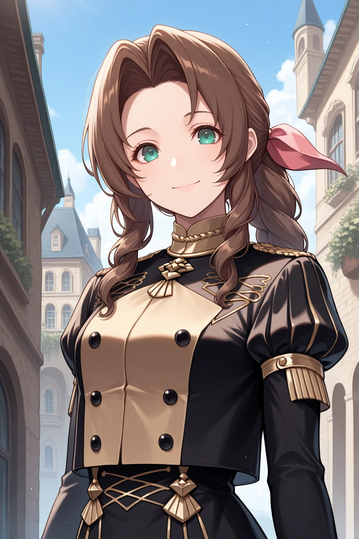 masterpiece, best quality, 1girl, solo, <lora:gmuniform1-illu-nvwls-v1:1> gmuniform1, black jacket, gold trim, puffy sleeves, long sleeves, black buttons, black skirt, (aerith gainsborough:0.85), looking at viewer, smile, brown hair, braided ponytail, hair ribbon, blue sky, victorian architecture, upper body, portrait