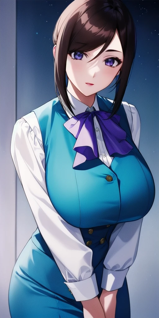 <lora:LinnaYamazakiV4:0.7> linna_yamazaki, huge_breasts, standing, solo, starry_sky, arms_behind_back, white_collared_shirt_purple_ascot_aqua_pencil_skirt_aqua_vest, masterpiece, best_quality, detailed_face, detailed_eyes, highres, beautiful, detailed, absurdres,