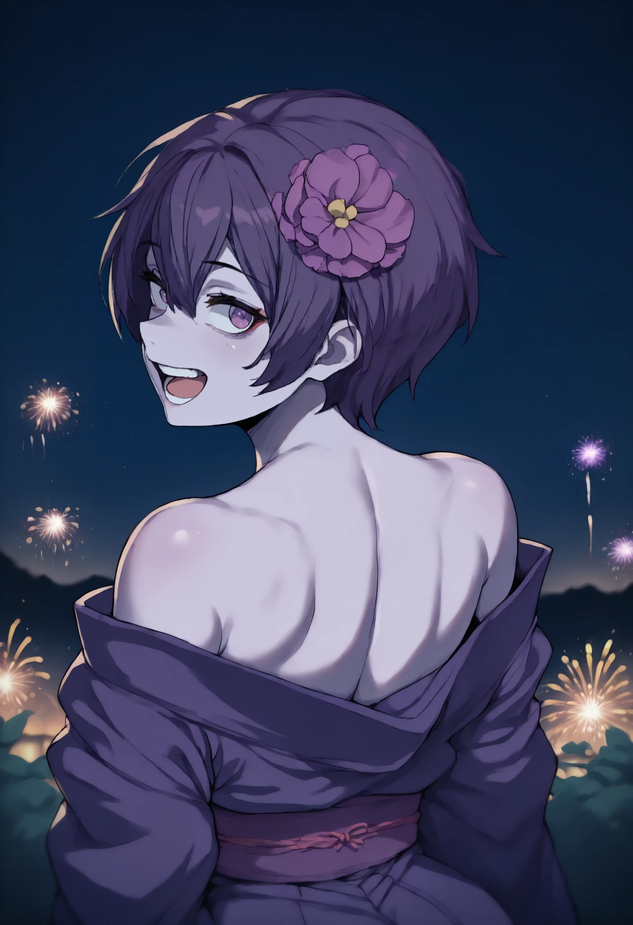 anime, masterpiece, best quality, from behind, solo, 1girl, ulut, light purple skin, :d, teeth, looking back, short hair, purple hair, hair between eyes, hair flower, purple eyes, japanese clothes, purple kimono, off shoulder, purple sash, bare shoulders, outdoors, night, fireworks
<segment:yolo-face_yolov8m.pt,0.4,0.5//cid=1>