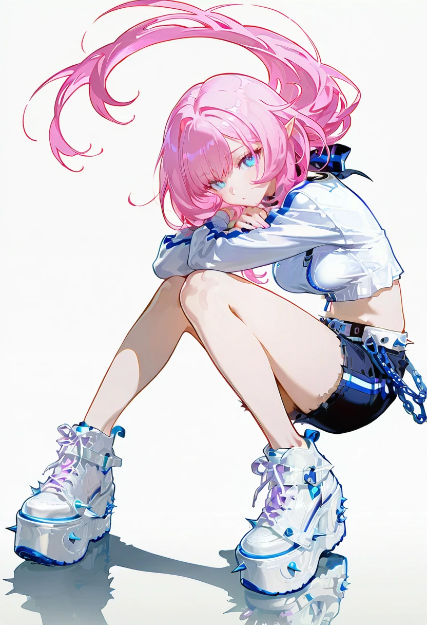 1girl,solo,looking at viewer,ikeda ruriko, yru platform shoes, sneakers, spikes, white footwear, elysia_(honkai_impact)