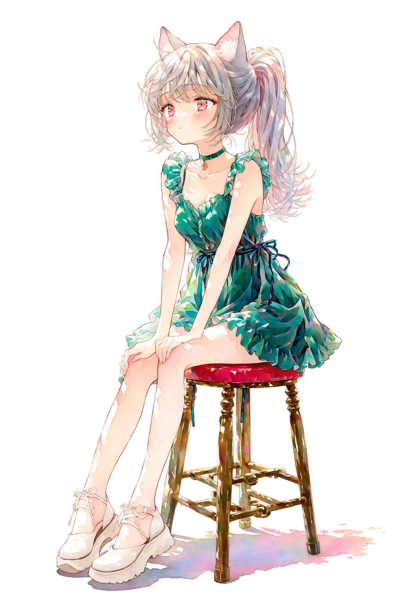 masterpiece,best quality,1girl,solo,absurdres,
1girl,solo,grey hair,pink eyes,cat ears,high ponytail,green dress,collarbone,green choker,waist ribbon,short dress,white footwear,sitting,stool,hands on own knees,three quarter view,
masterpiece,best quality,good quality,newest,year 2024,year 2023,very aesthetic,absurdres,Visual impact,A shot with tension,ultra-high resolution,32K UHD,sharp focus,best-quality,masterpiece,Emotionalization,unconventional supreme masterpiece,masterful details,temperate atmosphere,with a high-end texture,in the style of fashion photography,(Visual impact:1.2),impactful picture,offcial art,colorful,movie perspective,
<lora:yzl-illV1:0.8>,