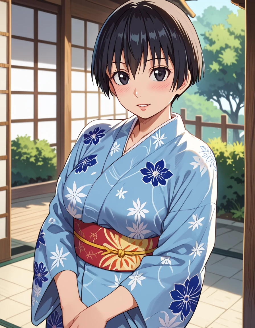 score_9, score_8_up, score_7_up, source_anime, anime screencap, anime coloring, masterpiece, best quality, uncensored, 1girl, solo, (portrait:1.2), satomi manabe, short hair, large breasts, black eyes, black hair, japanese clothes, breasts, kimono, yukata, obi, sash, tabi, floral print, <lora:Manabe Satomi_Hajirai Body_Pony:0.9> standing, v arms, looking at viewer, blush, light smile, parted lips, cute face, shiny body, shiny skin, (skindentation:1.2), clear skin, shiny hair, ultra detailed eyes, depth of field, sharp, (intricate details, hyperdetailed:1.15)