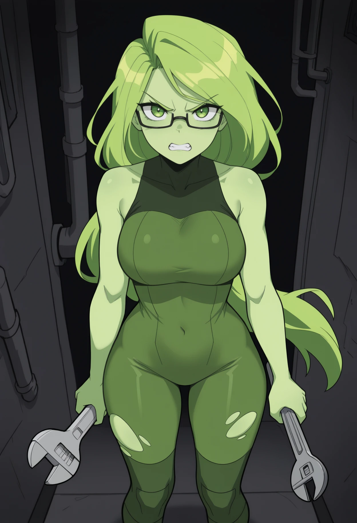 masterpiece, best quality, solo, 1girl, zfzm, green skin, clenched teeth, looking at viewer, standing, holding wrench, long hair, green hair, green eyes, glasses, semi-rimless eyewear, v-shaped eyebrows, torn clothes, green bodysuit, sleeveless bodysuit, torn bodysuit, bare shoulders, indoors, dark background, industrial pipe
<segment:yolo-face_yolov8m.pt,0.4,0.5//cid=1>