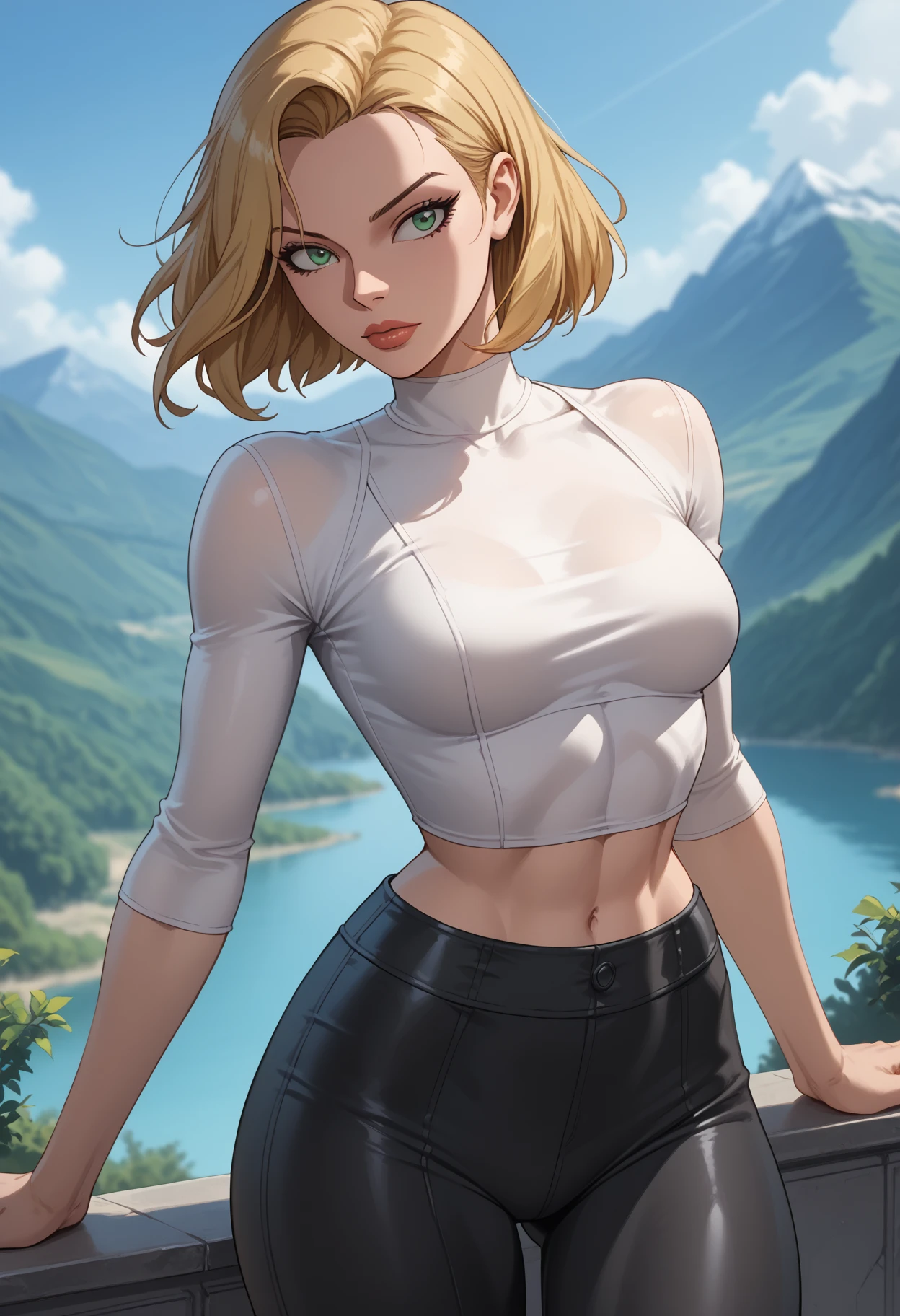 score_9, score_8_up, score_7_up, score_6_up, score_5_up, <lora:J._Scott_Campbell:1>, BREAK 1girl, solo, green eyes, blonde hair, short hair, lips, breasts, medium breasts, slim waist, wide hips, crop top, white top, pants, leather pants, black pants, outdoors, spy games, dutch angle, mountains,